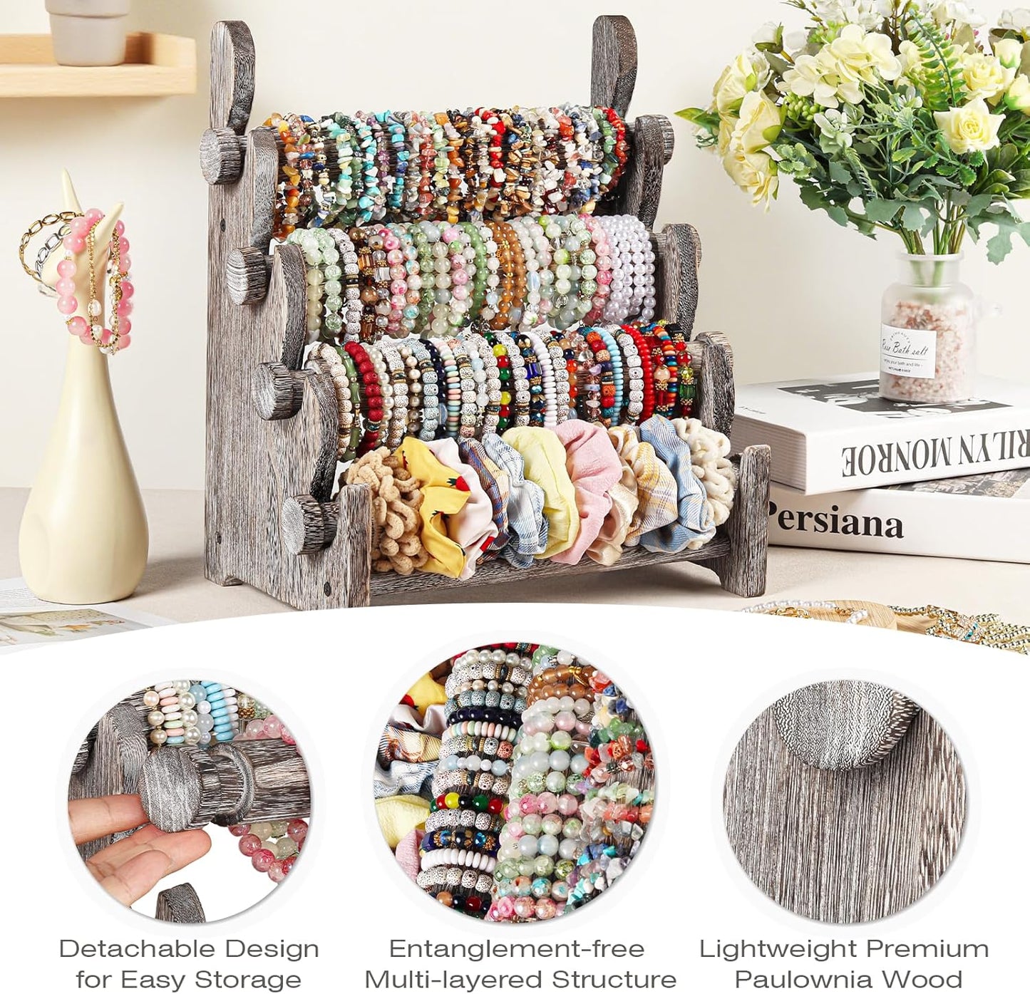 TOPNEW 4 Tier Wooden Bracelet Holder,Scrunchie Bangle Watch Necklace Display Storage Jewelry Holder Stand Display Organizer,Antique White