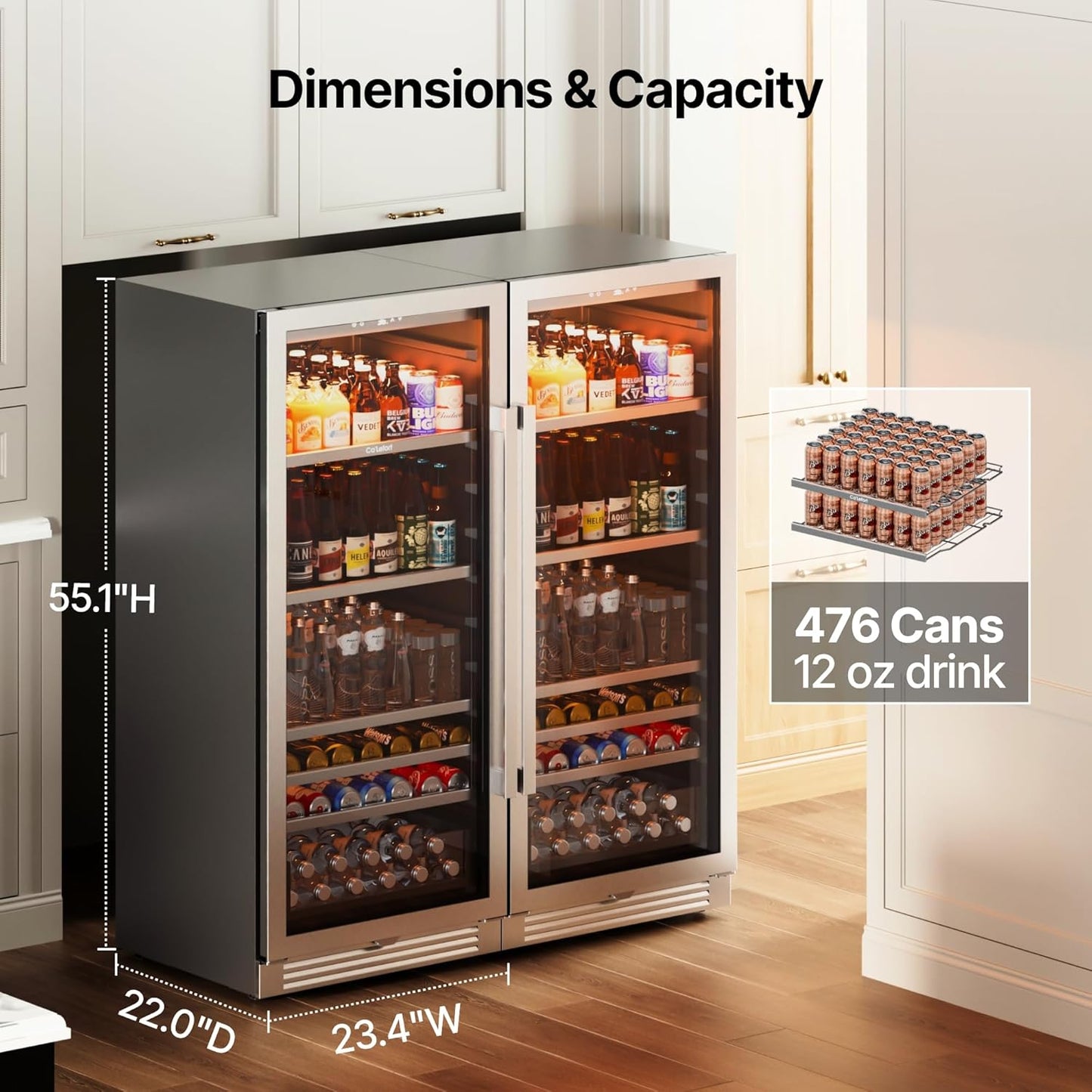 Ca'Lefort Beverage-Refrigerator 48 Inch, Tall Beverage Fridge Cellars Large Bar Drink Cabinet Built-in or Freestanding with Glass Door, Beer Cooler for Bottles and Cans Beer/Soda/Water/Wine