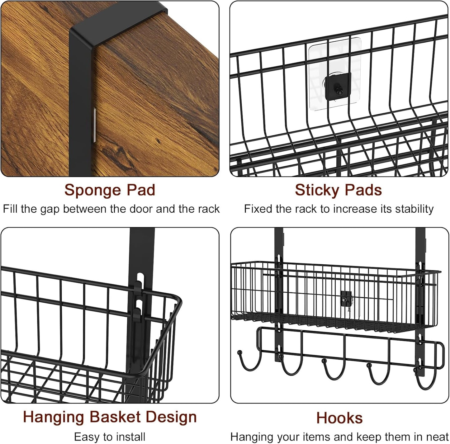 YBING Over The Door Organizer with Hooks 3 Tier Back Towel Hanger Baskets Metal Behind Hanging Storage Shelf Pantry Racks for Bedroom Bathroom Black, R01-R984