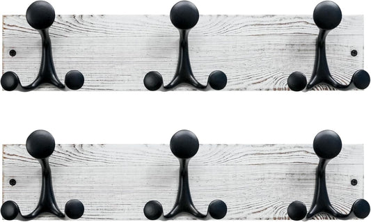 SKOLOO 17-Inch Wood Coat Rack Wall Mount with 3 Triple Hooks - Ideal for Family Entrances, Classrooms, and Pet Supplies Storage - Perfect Coat Hooks for Wall,Distressed White Wash, Pack of 2