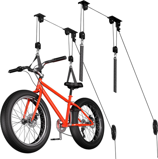 2 Pack Bike Hoist, Heavy Duty Ebike Lift Pulley System for Garage Ceiling Overhead Storage for Bicycle, Ladders, Snowboard, Holds Up to 85 lbs Capacity, Fit 10-16 Foot High Ceilings