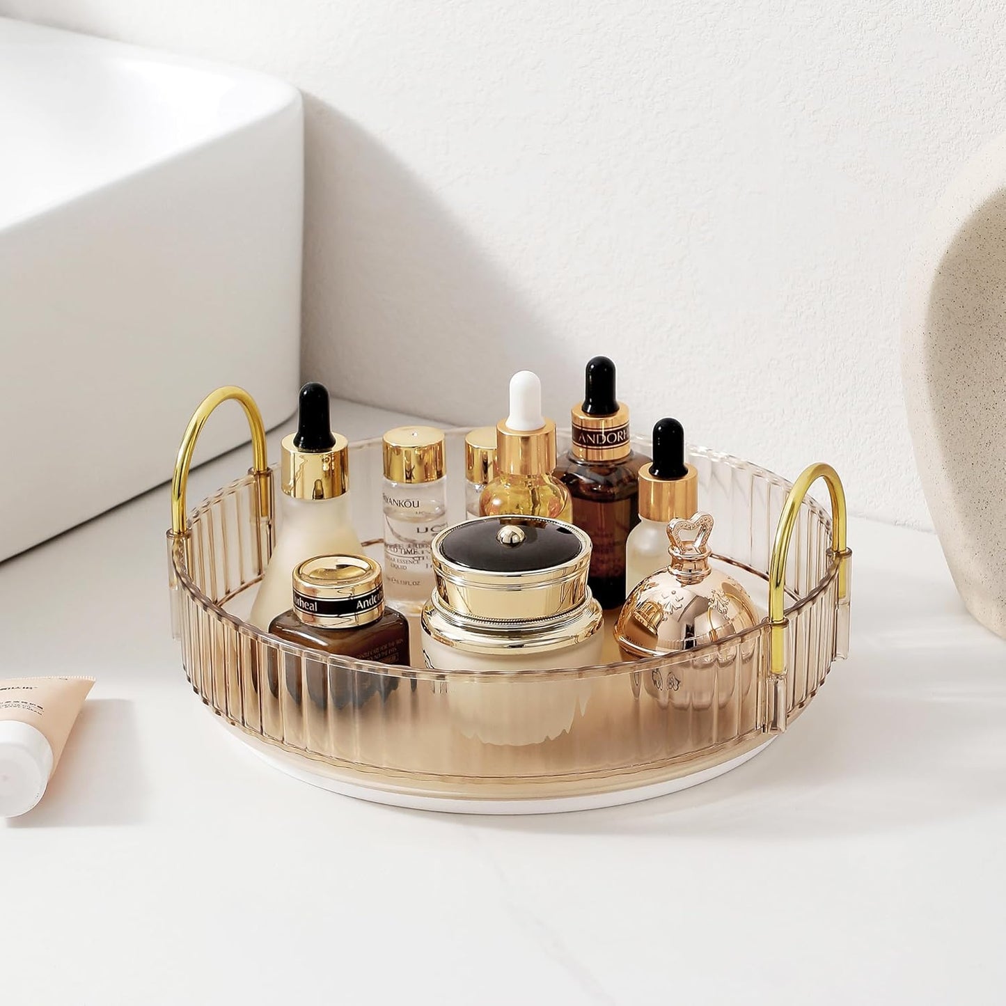 360 Rotating Makeup Organizer for Vanity, Skincare Perfume Organizers and Storage for Bathroom Countertop, Clear Counter Make Up Cosmetics Lipstick Spinning Holder for Dresser,1 Tier,Gold