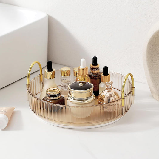 360 Rotating Makeup Organizer for Vanity, Skincare Perfume Organizers and Storage for Bathroom Countertop, Clear Counter Make Up Cosmetics Lipstick Spinning Holder for Dresser,1 Tier,Gold