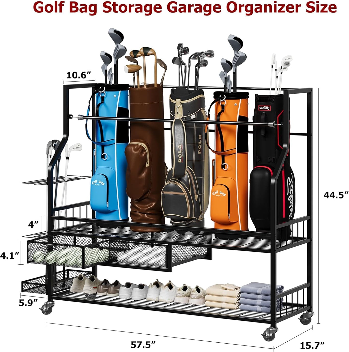 Golf Bag Storage Rack on Wheels, Mobile 5-Bag Organizer with Accessory Drawer for Golf Bag and Equipment Accessories Garage, Home, Basement