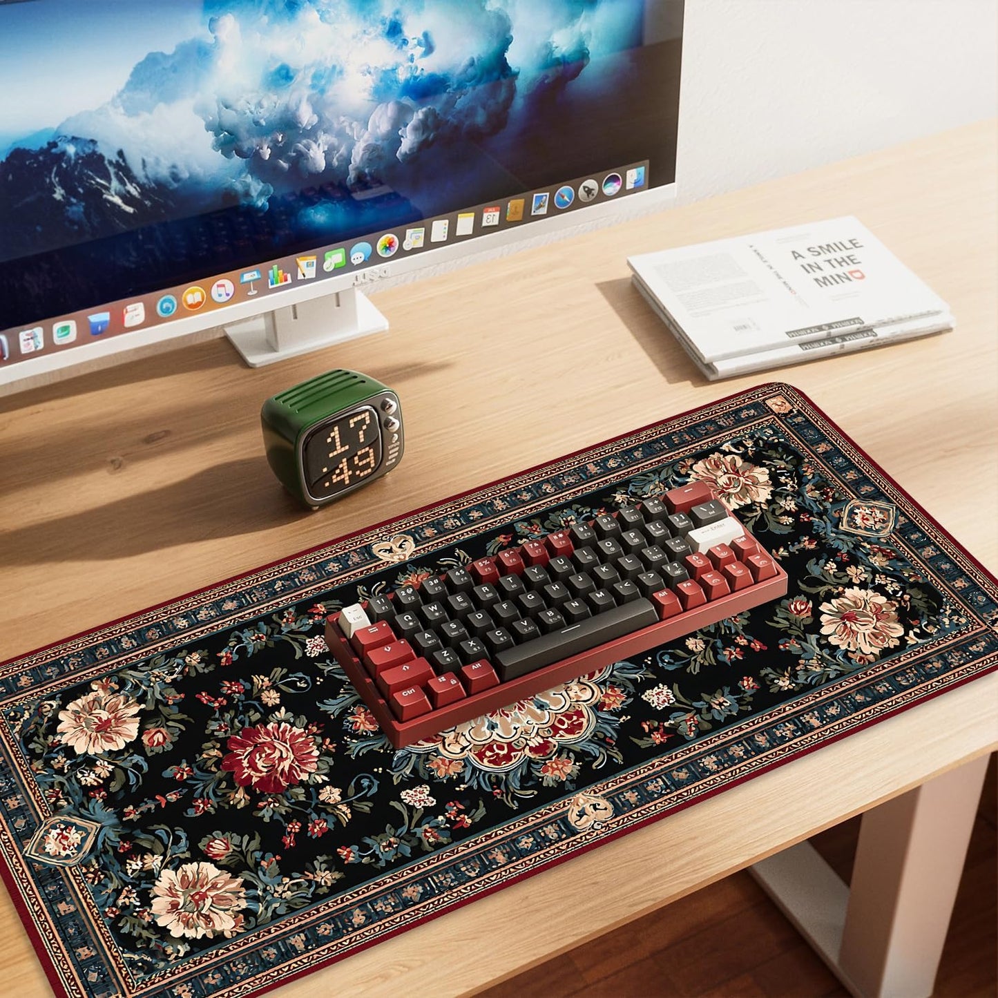 Vintage Persian Carpet Mouse Pad – Large Extended Desk Mat 35.43 x 15.75 in – Oriental Floral Rug Design, Non-Slip Rubber Base, Stitched Edges, Soft Keyboard & Mouse Mat for Office or Gaming
