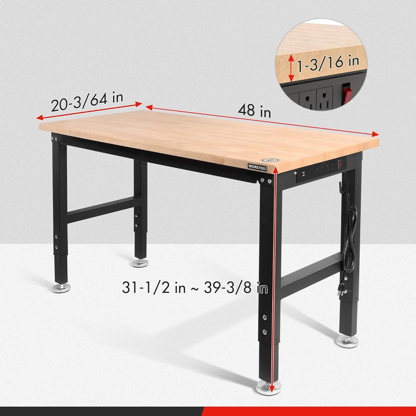 WORKPRO 48" Adjustable Workbench, Rubber Wood Top Heavy-Duty Workstation, 2000 LBS Load Capacity Hardwood Worktable with Power Outlets, for Workshop, Garage, Pack of 10