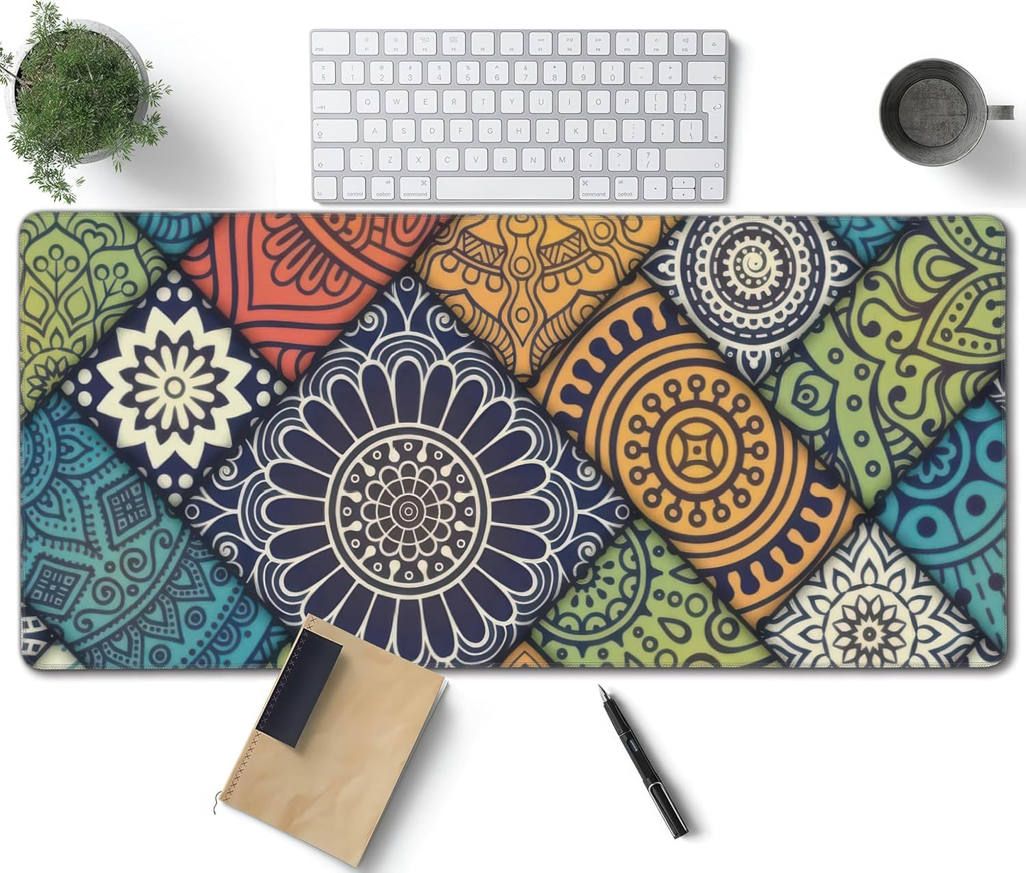 Bohemian Mandala Tile Large Mouse Pad, Vintage Aesthetic Gaming Desk Mat, XXL Keyboard Desk Pad Mat for Desktop, 35.4"x15.7" Non-Slip Base Big Mousepad with Stitched Edges