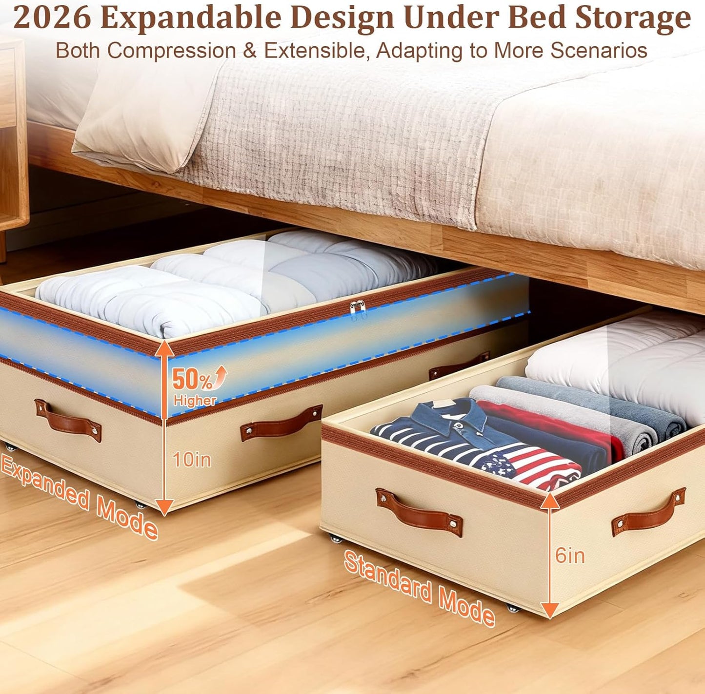 Dolicer 4 Pack Under Bed Storage with Wheels, 6in-10in Height Adjustable Underbed Storage Containers, 92L XXXL Under Bed Drawers Rolling Bin with Clear Lids for Dorm Shoes Clothes Organizers(Beige)