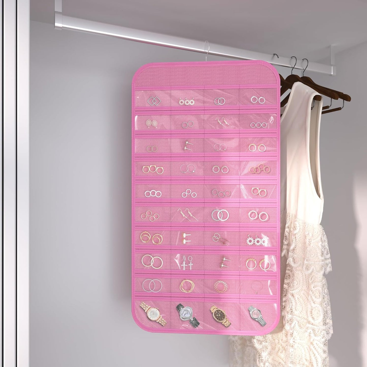 Hanging Jewelry Organizer Storage, 40 Pockets 36 Hooks Necklace Earring Necklace Bracelet Ring Organizer, Double - Sided Design, Pink