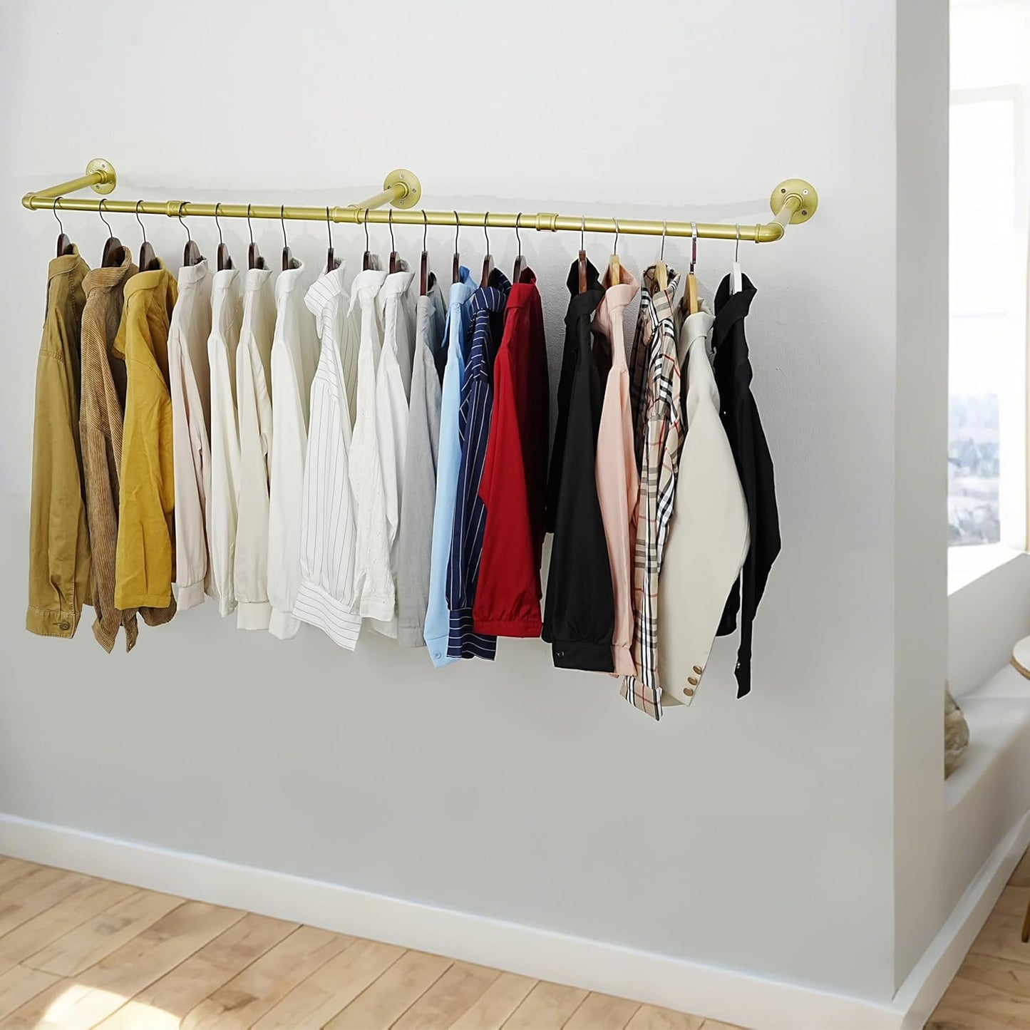 WEBI Industrial Pipe Clothing Rack,65" Wall Mounted Clothes Rack for Hanging Clothes,Heavy Duty Metal Garment Rack Bar Wall Mount Clothing Rod for Closet,Laundry Room,Gold