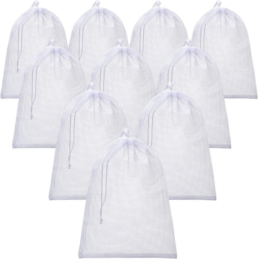 TecUnite 10 Pcs Mesh Bags Drawstring Laundry Bags Large Nylon Mesh Gift Dishwasher Bag with Sliding Drawstring for Kitchen Jewelry Gifts Wedding Favor Home(12 x 16 Inch,White)