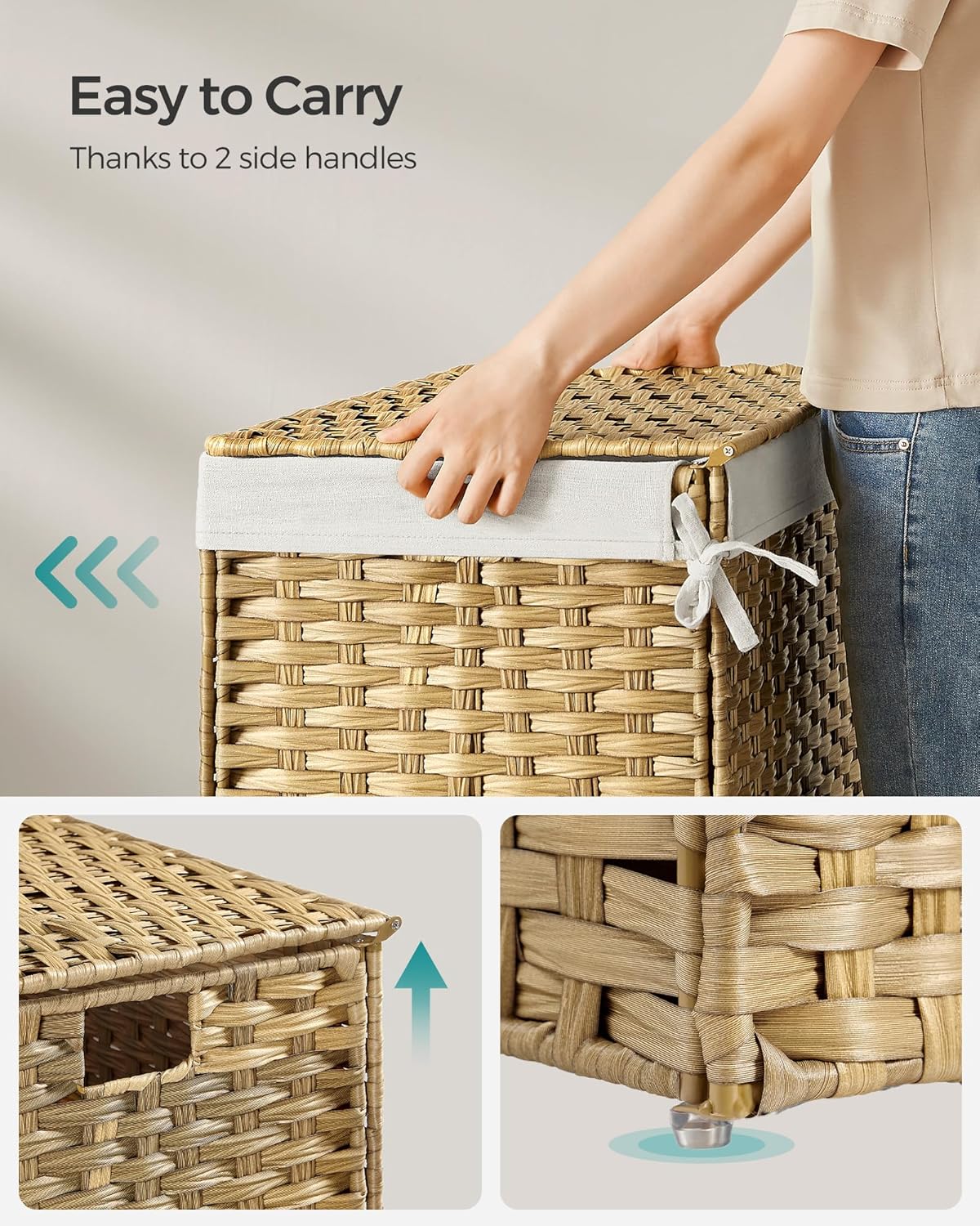 SONGMICS Storage Basket with Lid, Woven Blanket Storage Bin with Handles, Foldable, Removable Liner, Metal Frame, for Bedroom, Laundry Room, 27.7 Gallons (105 L), Natural URST066N01