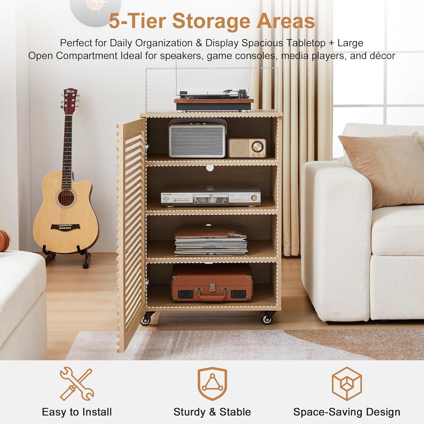 LEVNARY 5-Tier AV Media Cabinet with Grille Door & Adjustable Shelves, Modern Wooden Stereo Rack with Cable Management & Wheels, Audio Video Stand for Living Gaming Room Recording Studio (Natural)