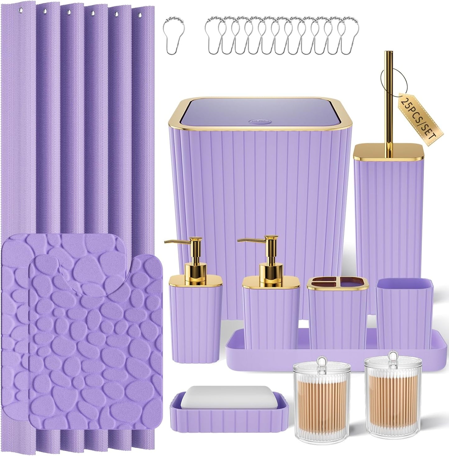 Bathroom Accessories Set - 25PC Bathroom Sets with Shower Curtain and Rugs, Purple Bathroom Set with Trash Can, Soap Dispenser, Soap Dish & Toilet Brush