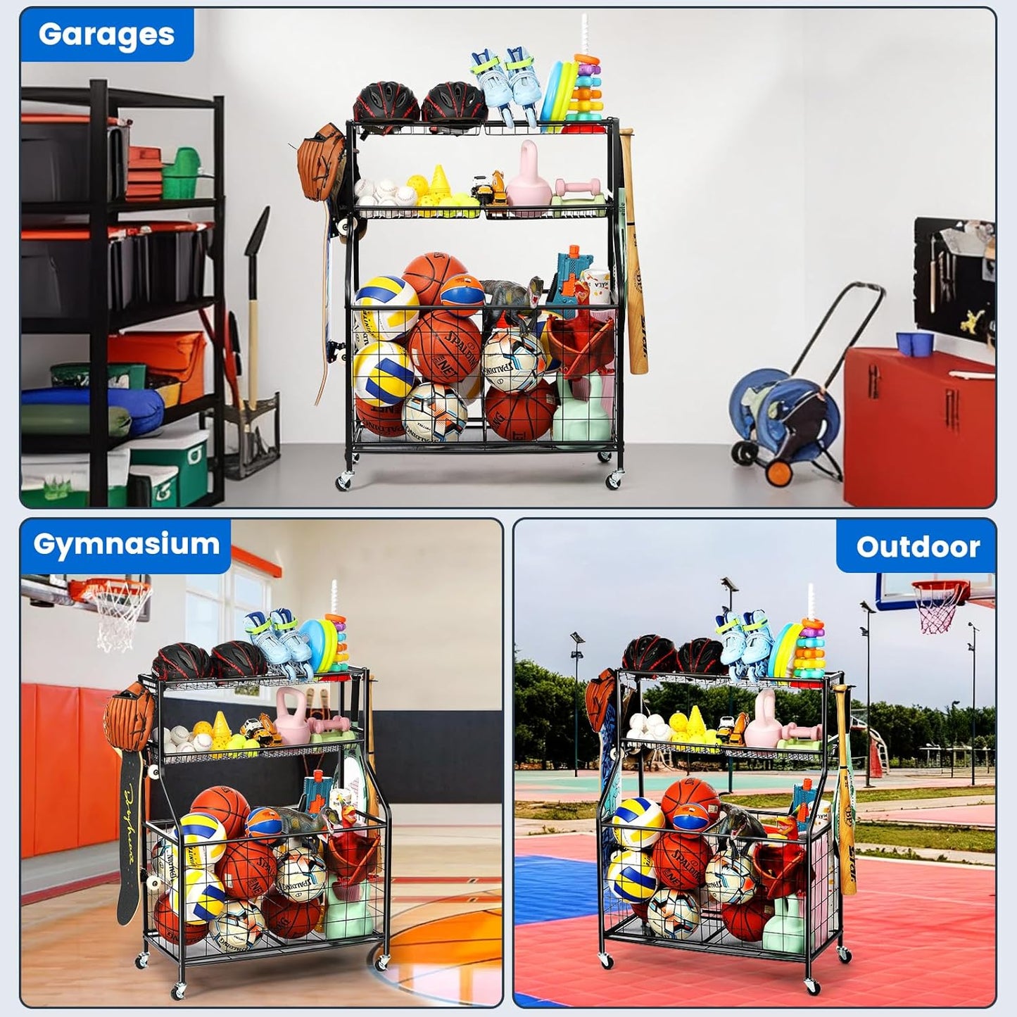 Kinghouse Sport Equipment Organizer for Garage, Steel Basketball Rack with Baseball Bat Holder and Hooks, Easy Assembly Storage for Balls, Kids' Toys, and Workout Gear in Basement, Home Gym, Outdoor