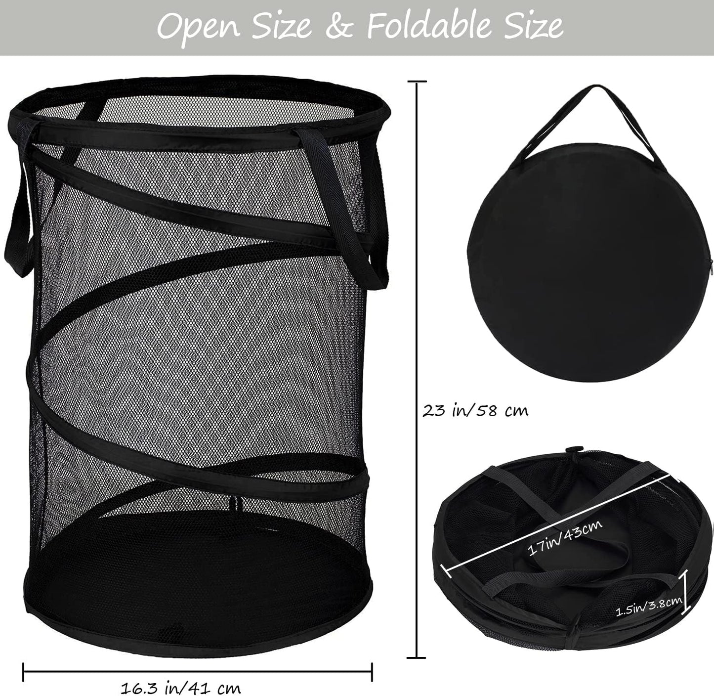 BATTOO 2 Pack Black X-Large Collapsible Laundry Basket Foldable Mesh Pop Up Hamper with Handles for Laundry Room, Bathroom, Kids Room, College Dorm, Travel, Camping, Gift Basket