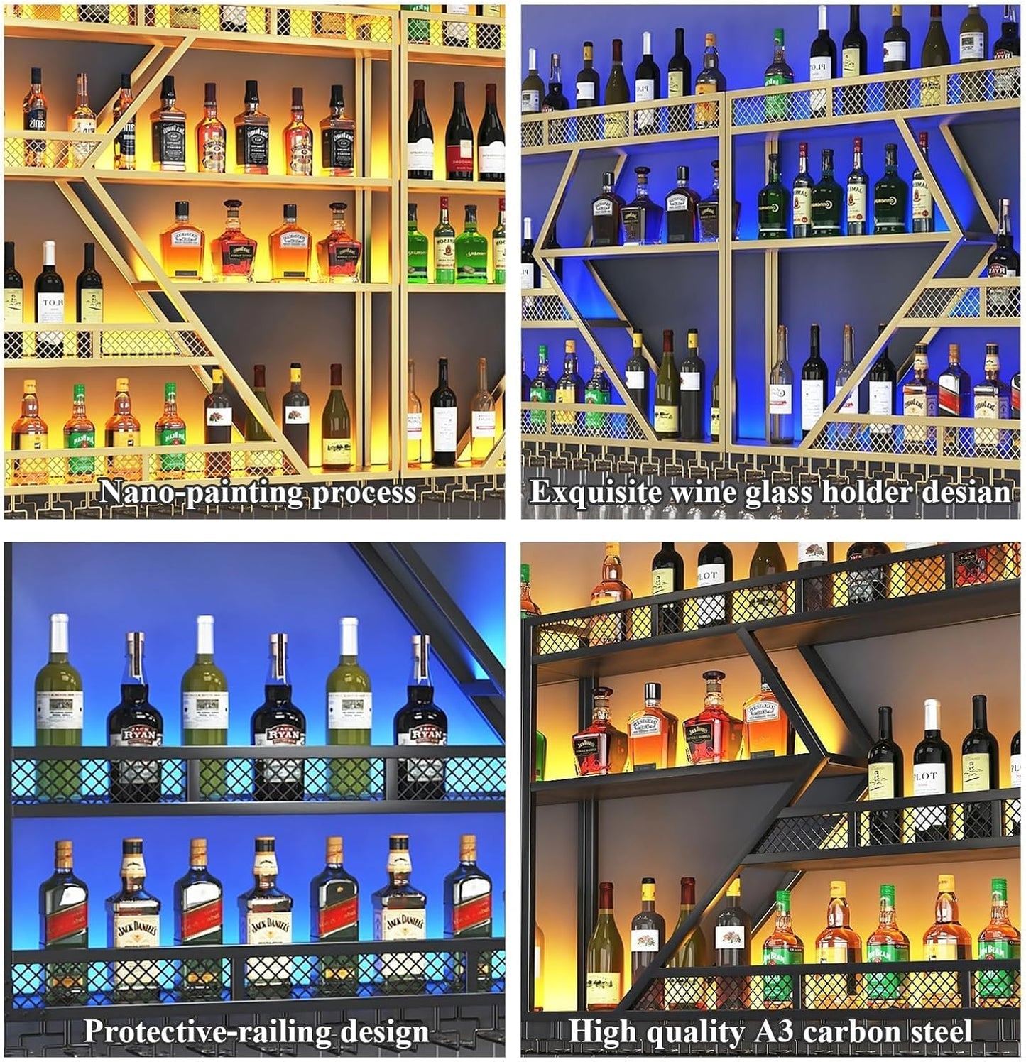 78.7in Metal Wine Rack Wall Mounted, Modern Wine Storage Rack Wall Mounted with Wine Glass Holder, Liquor Shelf, Bar Shelves for Liquor Bottles (3TIERS Black, 78.7 * 7.87 * 33.85INCH)