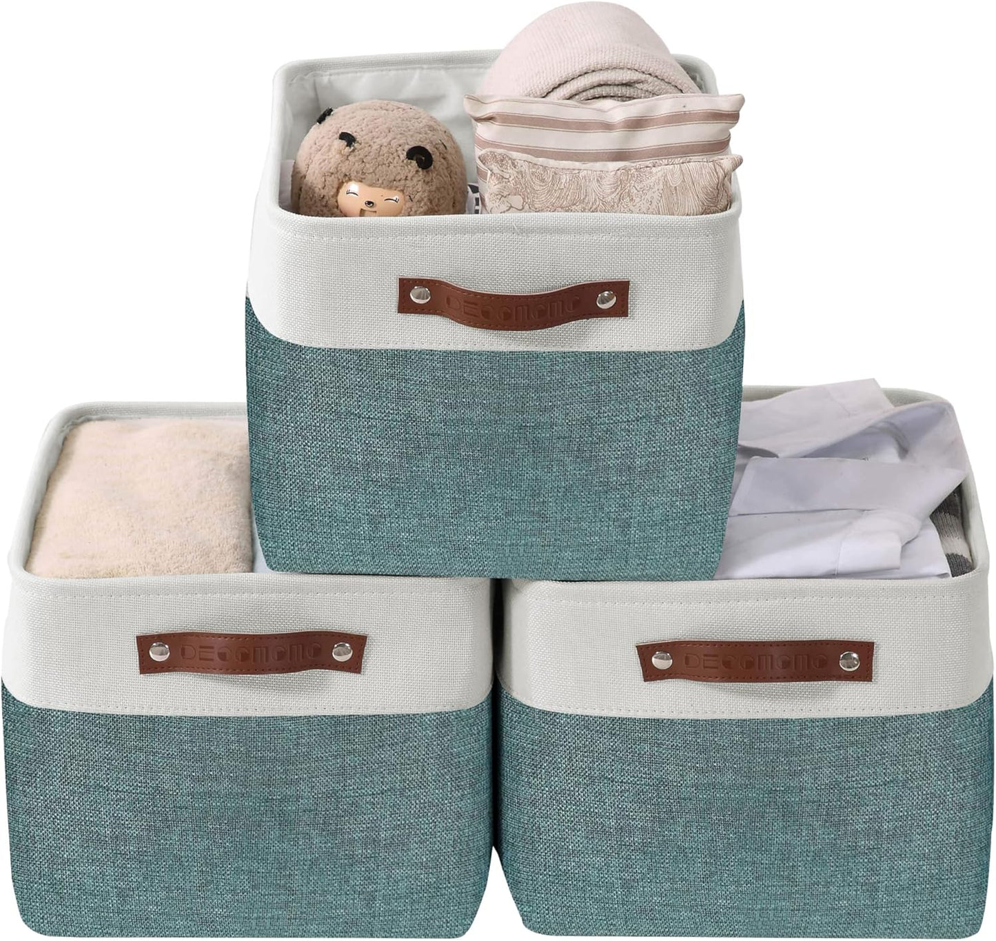 DECOMOMO Storage Baskets for Shelves - Fabric Storage Bins, Linen Closet Organizers and Storage (Green & White, Large - 3 Pack)