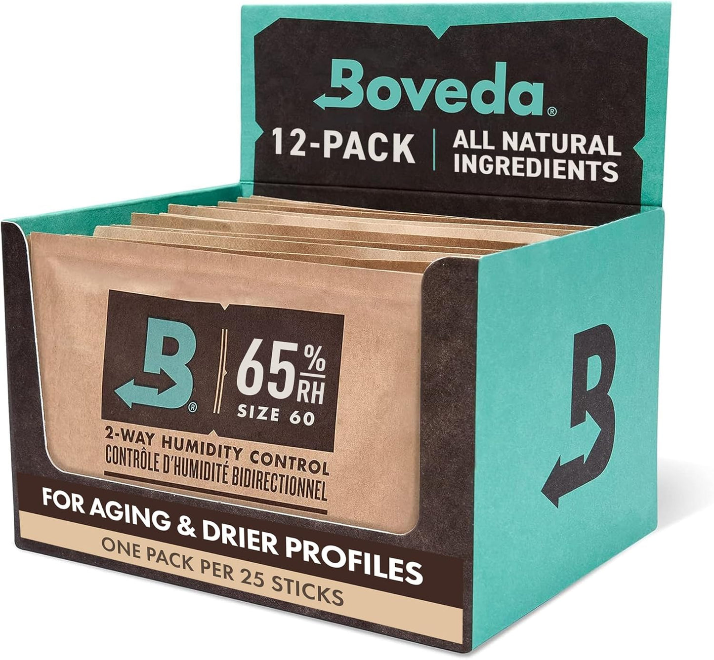 Boveda 65% Two-Way Humidity Control Packs For Aging & Long-Term Storage in Plastic & Wood Boxes – Size 60 – 12 Pack – Moisture Absorbers – Humidifier Packs – Individually Wrapped Hydration Packets