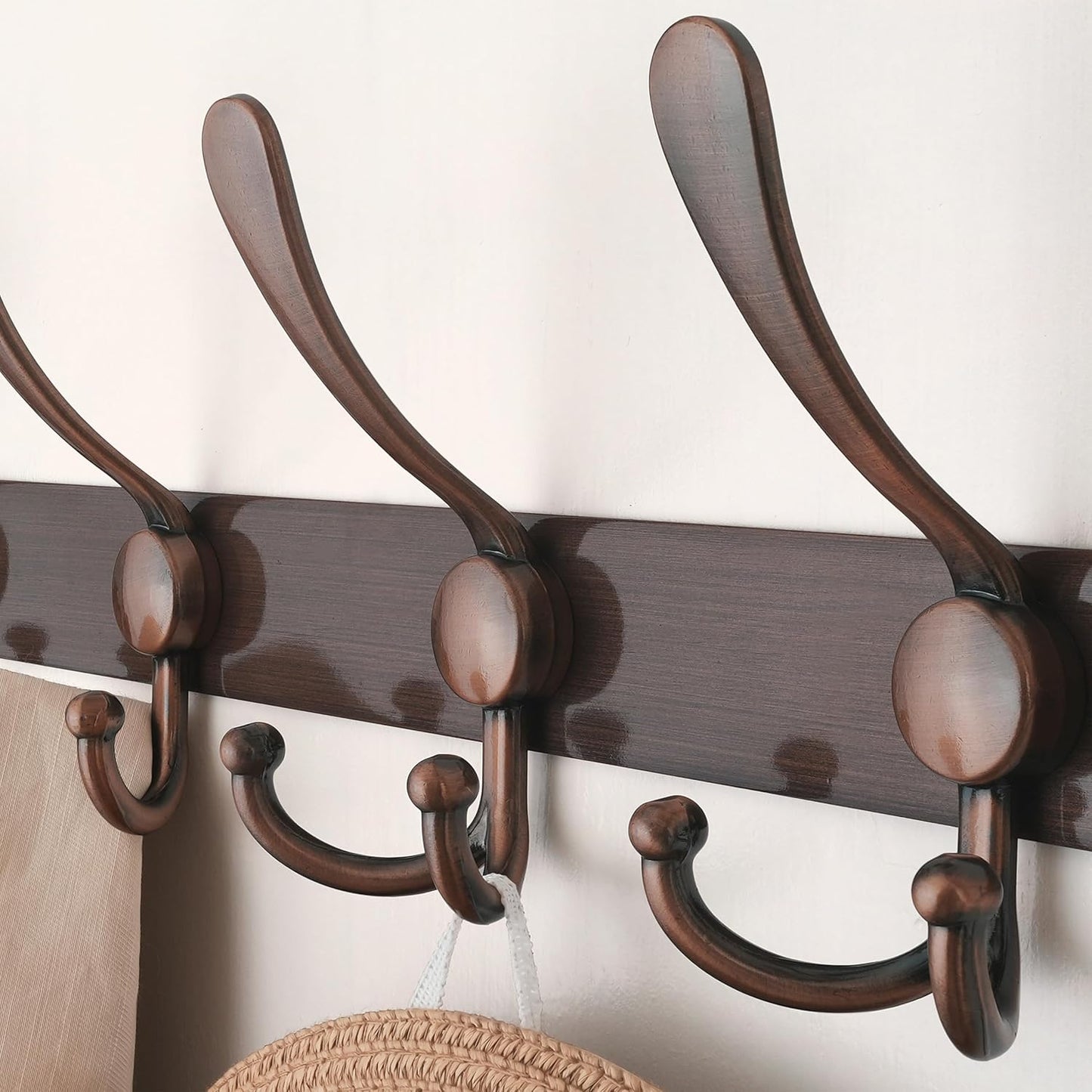 Dseap Wall Mounted Coat Rack - 5 Tri Hooks, Heavy Duty, Stainless Steel, Metal Coat Hook Rail for Coat Hat Towel Purse Robes Mudroom Bathroom Entryway (Antique Copper, 2 Packs)