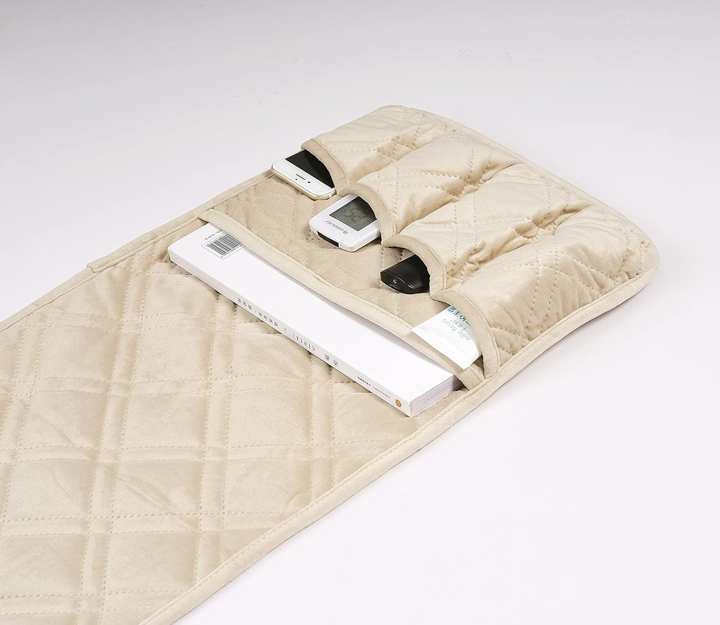 Brilliant Sunshine Beige Velvet Couch Armrest 5 Pockets Organizer, Slip Resistant Recliner Armchair Caddy, Washable Remote Controls Holder, Storage for Magazine, Tablet, Phone, 35×13", Beige Natural