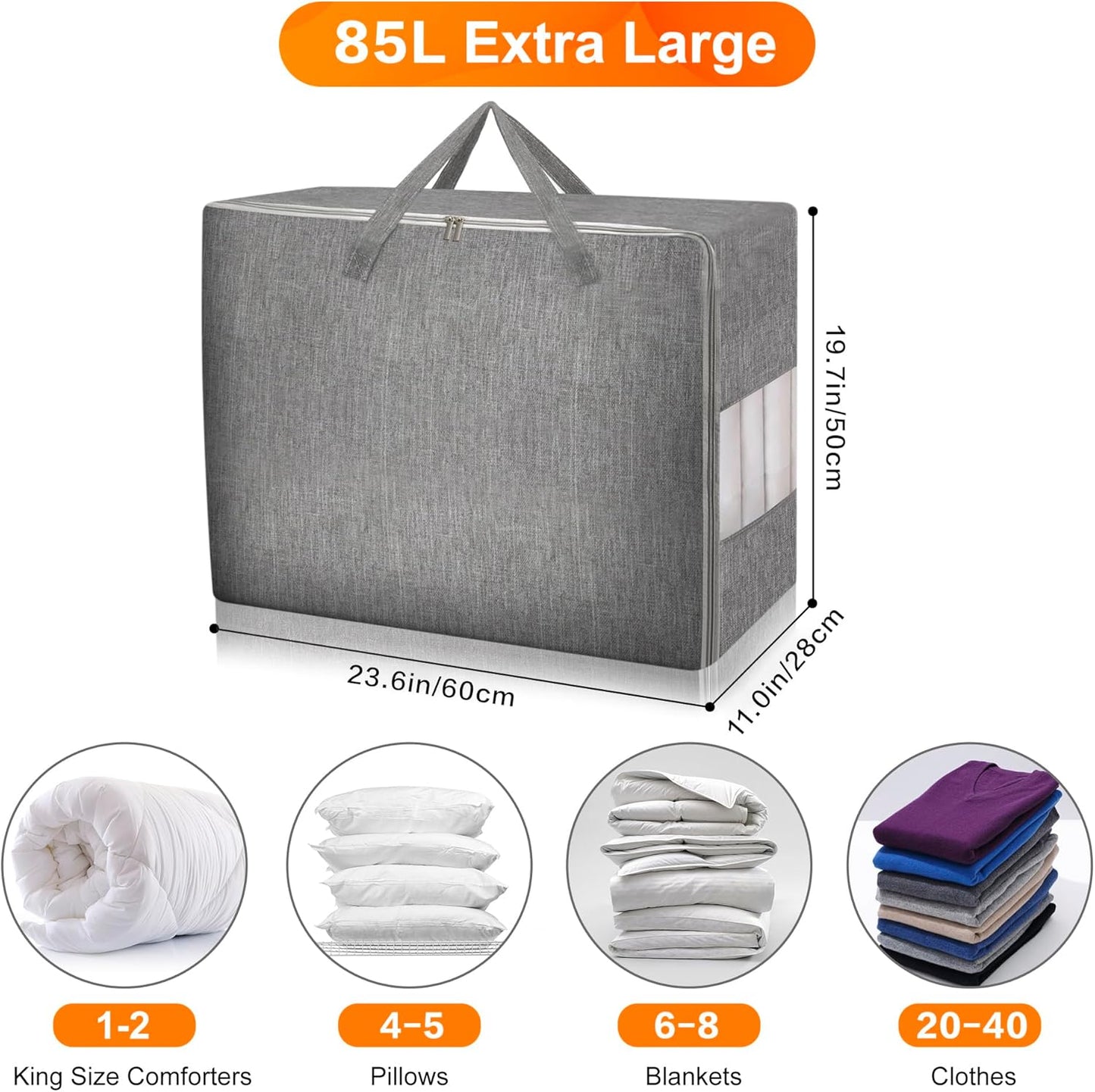 2 Pack 85L Comforter Storage Bags, Extra Large Bedding Storage Bags with Clear Window, Reinforced Handles & Zippers, Foldable Closet Organizers for Blanket Pillow Clothes