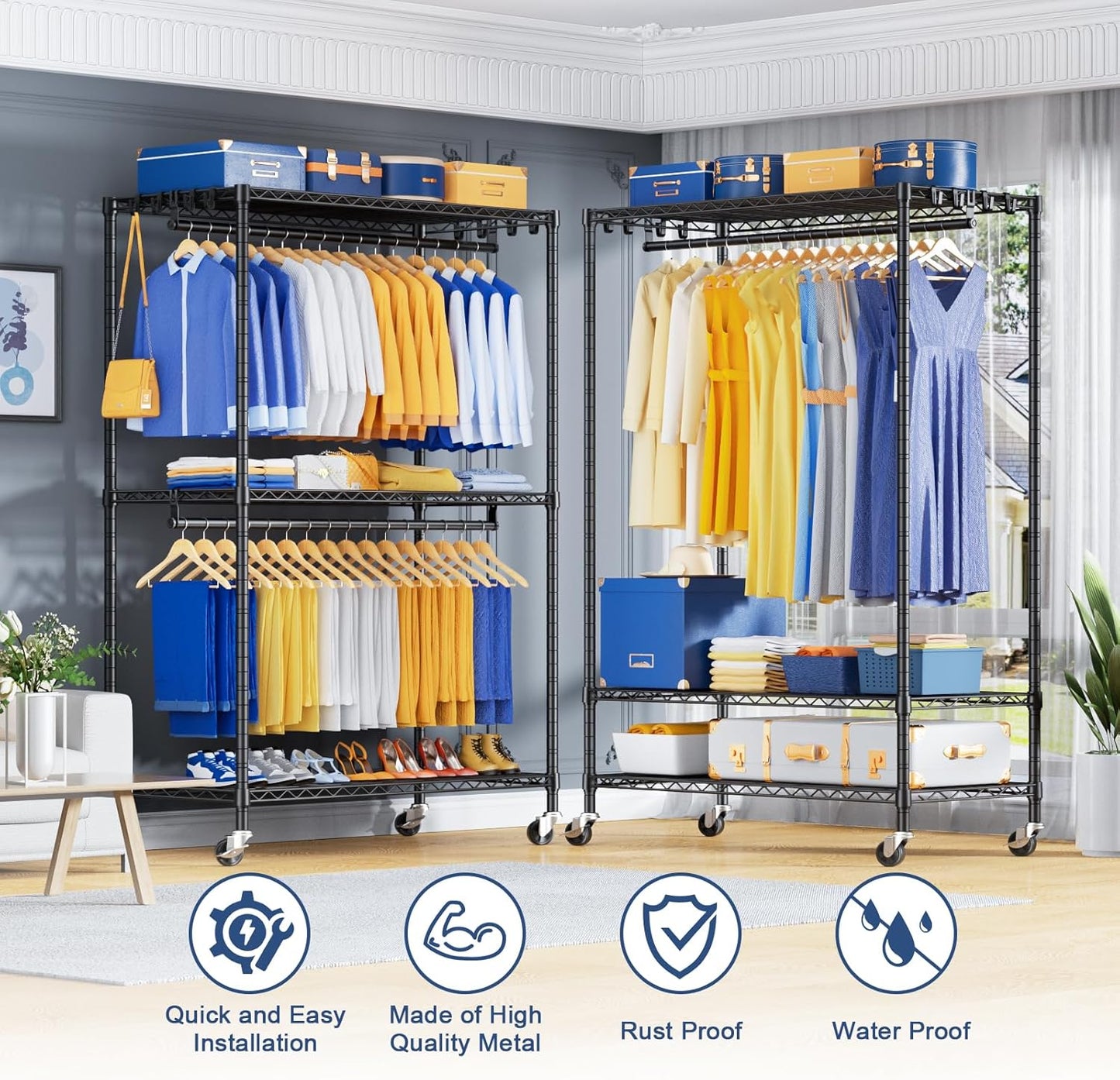 P8 Heavy Duty Clothes Rack（With Extended Width Design） Rolling Clothing Racks for Hanging Clothes，Portable Garment Rack with Lockable Wheels，51.2" W x 15.8" D x 80.5" H，Max Load 700LBS，Black