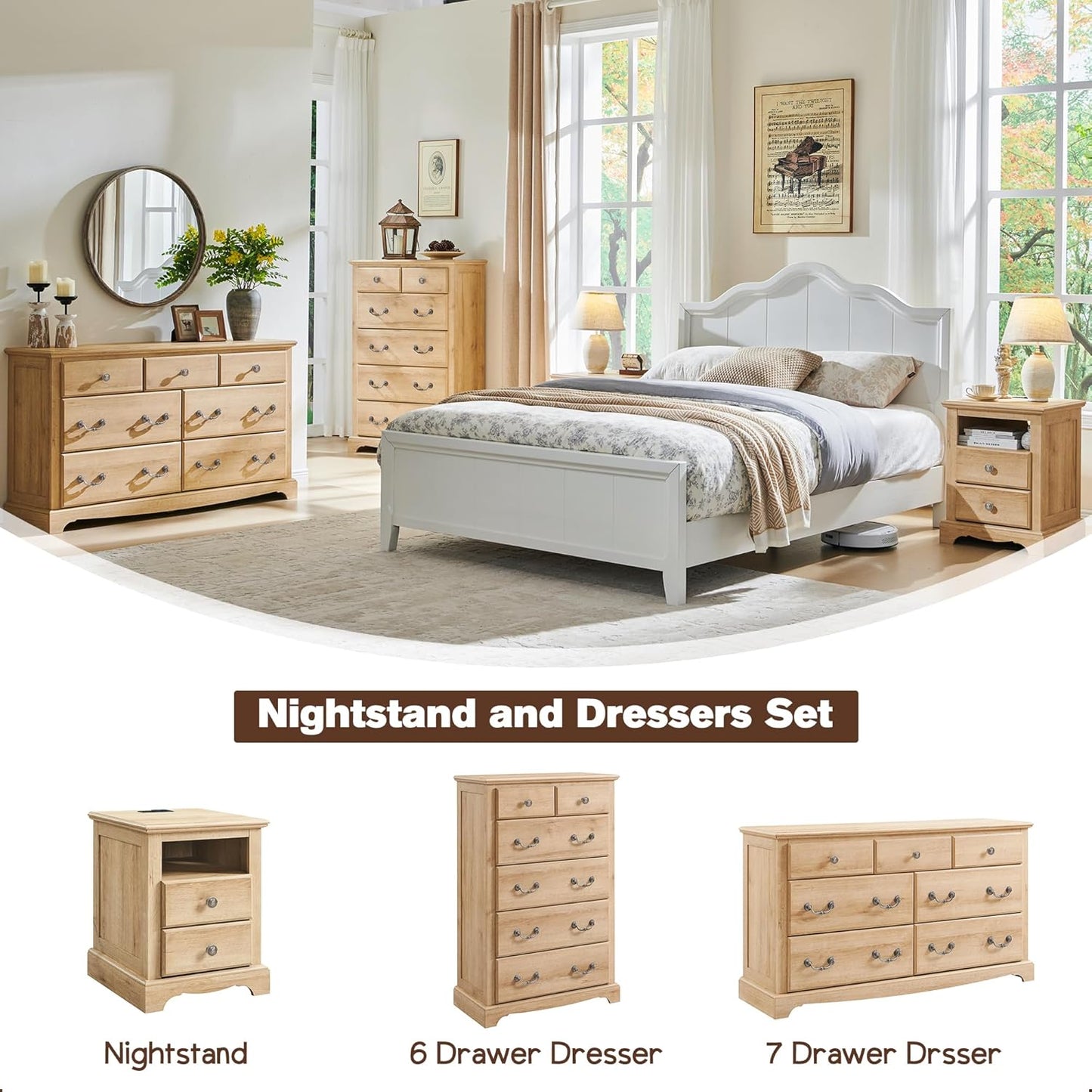 T4TREAM 6 Drawers Dresser Chests for Bedroom, 48" Tall Rustic Chset of Drawers, Wood Dressers Organizer for Bedroom, Living Room,Hallway, Natural Oak