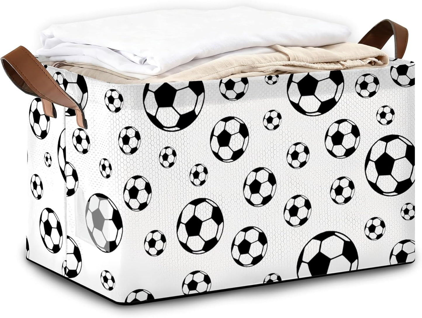 Black Soccer Football Storage Bins with Handles, Collapsible Storage for Clothes, Gift Basket, Blankets & Closet Organization