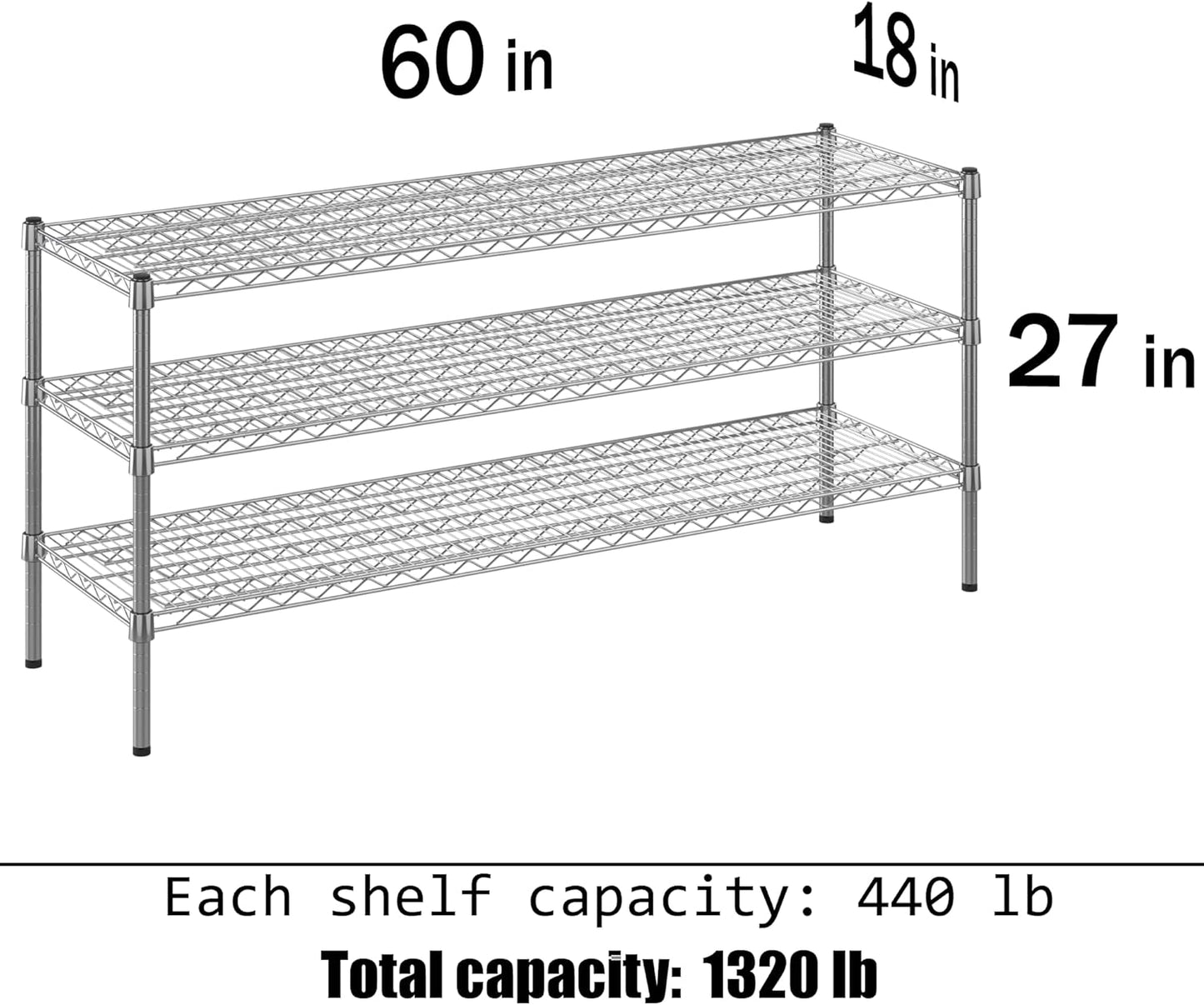18" Deep x 60" Wide x 27" Height Wire Shelving Kit | 3-Tier | NSF Commercial Storage Rack Unit