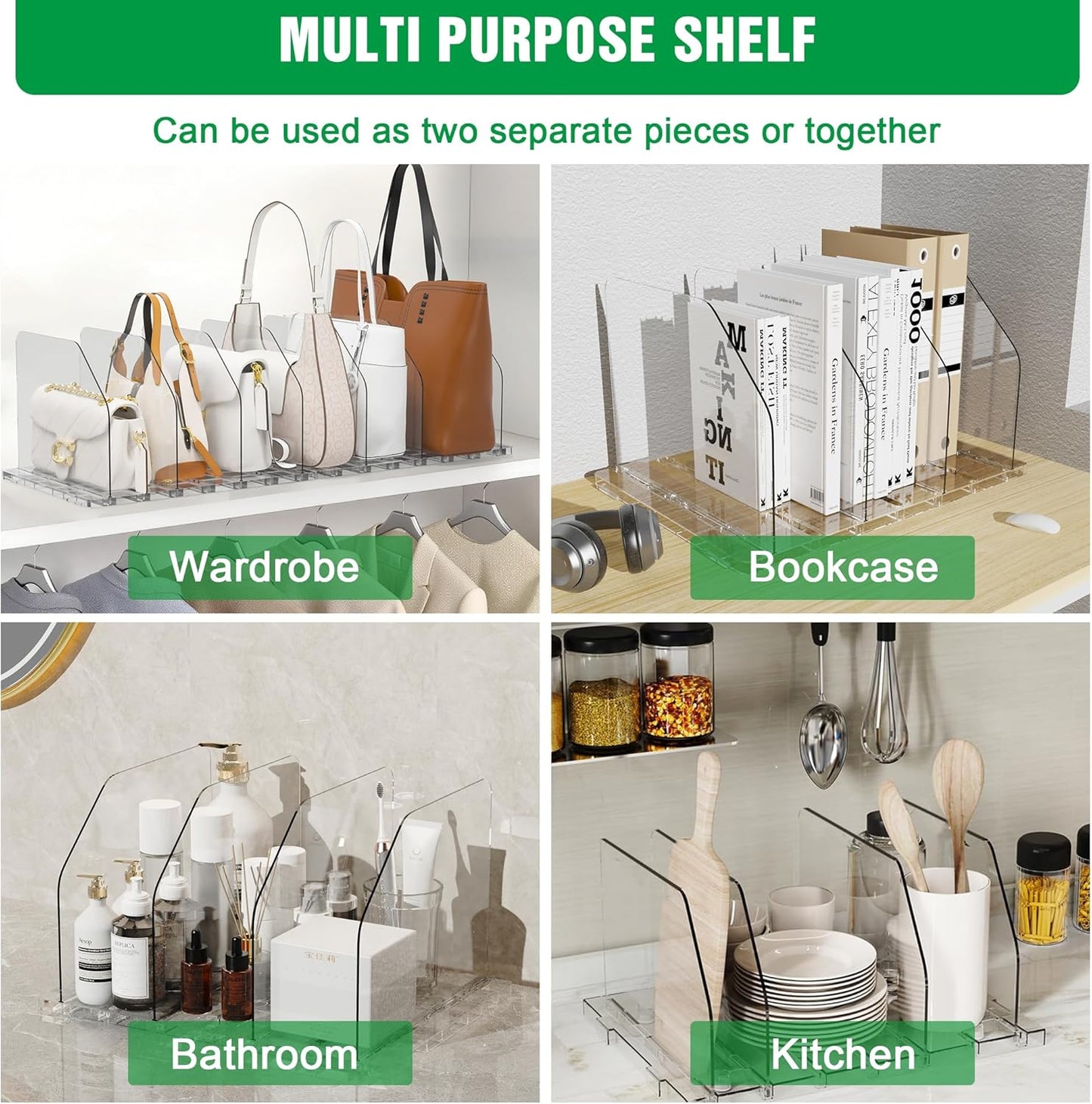 Bag & Purse Organizer for Closet, 4 Sets Adjustable Clear Handbag Storage Shelf, Plastic Clutch Dividers for Closet Organizers and Storage-Keep Purses upright (4 Sets)