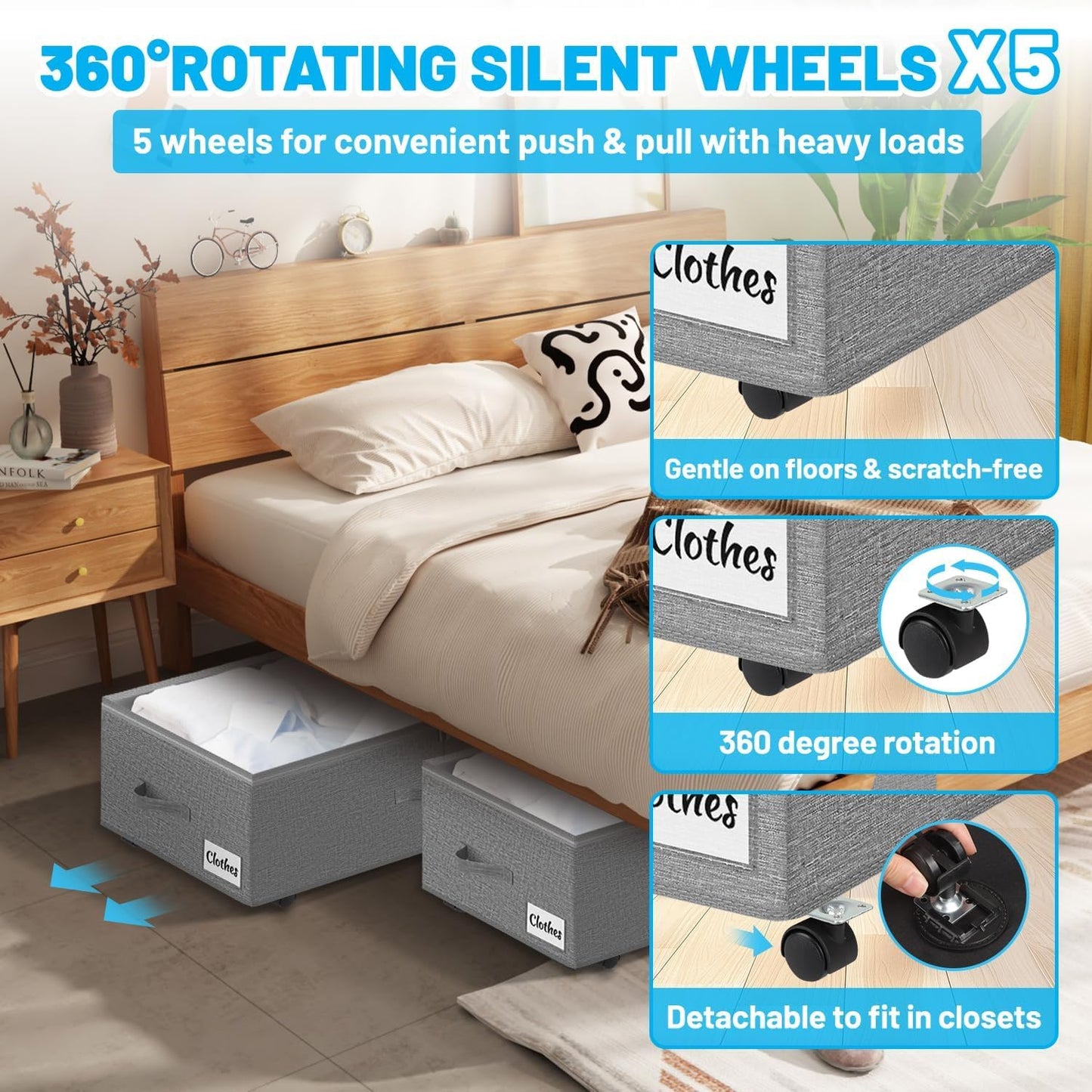 2 Pack Under Bed Storage with Wheels 10" Height, Rolling Storage Bins XXL 60L, Underbed Shoe Storage Containers with Label & Clear Lid, Dorm Under bed Drawers for Clothes, Shoes, Quick Assembly, Grey