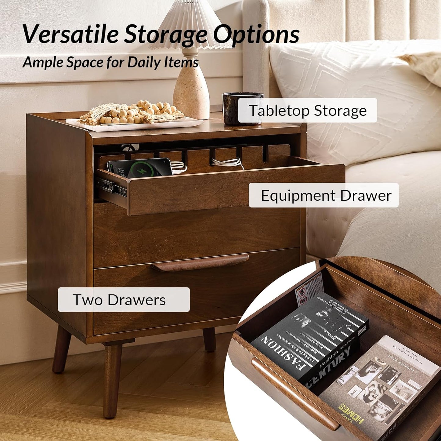 HULALA HOME 2 Drawer Nightstand with Charging Station, Mid-Century Modern Bedside Tables with Wood Legs, Wood Night Stand with Pull-Out Shelf Set of 2, Walnut