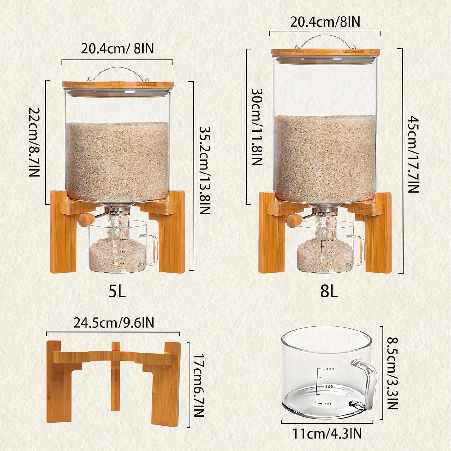 Rice Dispenser, Rice Storage Container, Flour and Cereal Container for Kitchen Organization and Pantry Store, Glass Cereal dispenser with Airtight Lid and Wooden Stand 5L