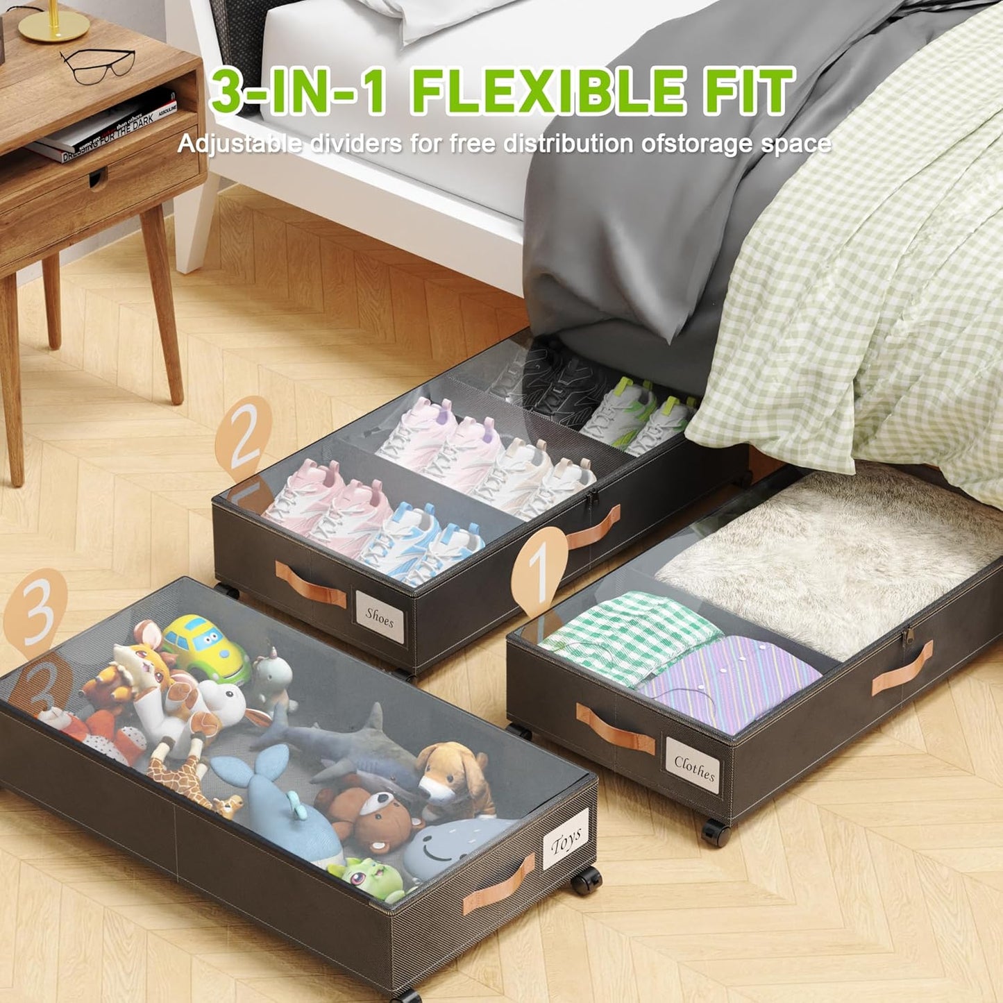 Under Bed Storage with Wheels, 4 Pack Under Bed Storage Container with Dividers & Clear Lids, Under the bed storage Organizer Bins,Underbed Storage with Wheels for Clothes,Toys,Shoes (Black)