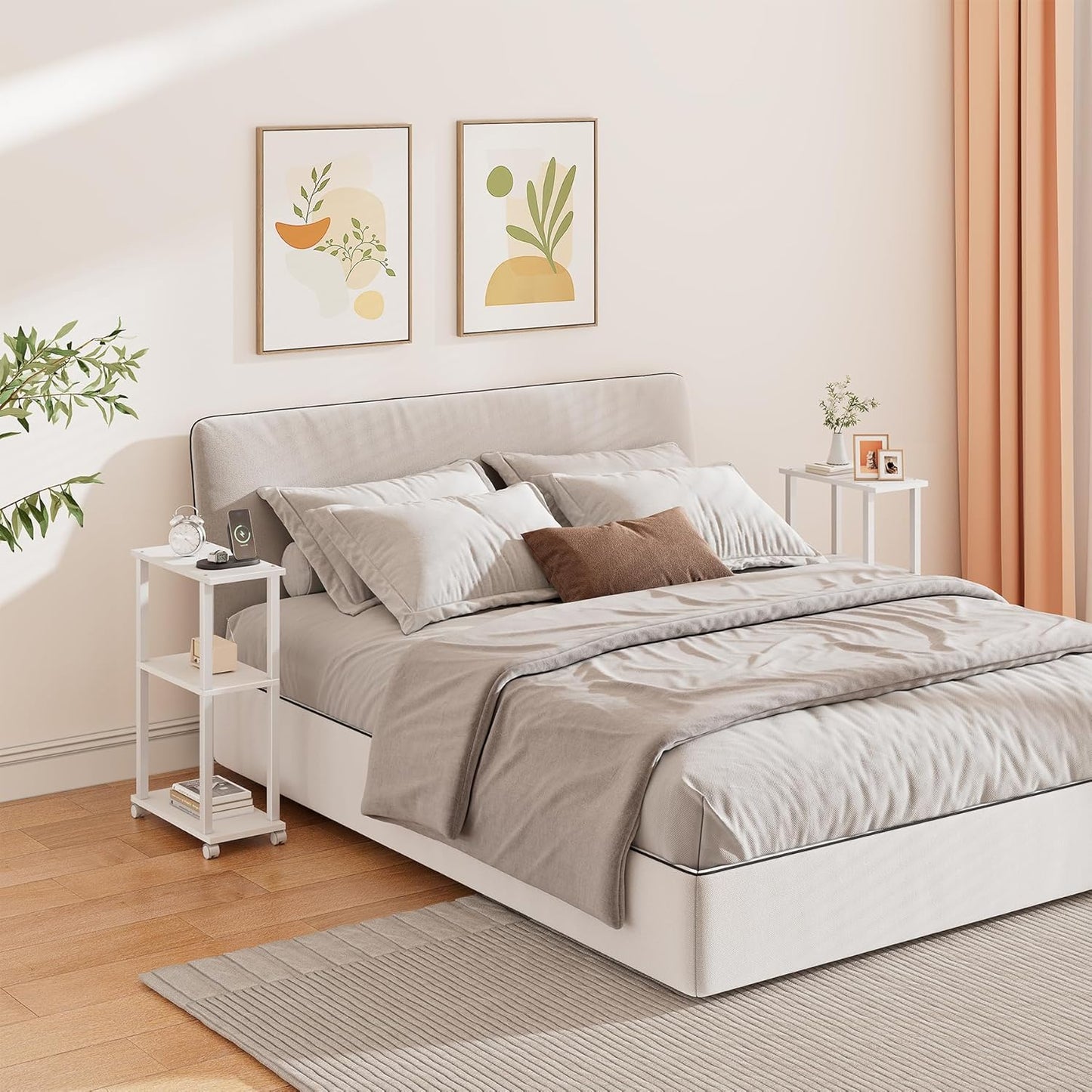 TUTOTAK Small Side Table, Narrow End Table, Bedside Table, Set of 2, Couch Side Table with Wheels for Living Room or Bedroom, White TB01BW0612