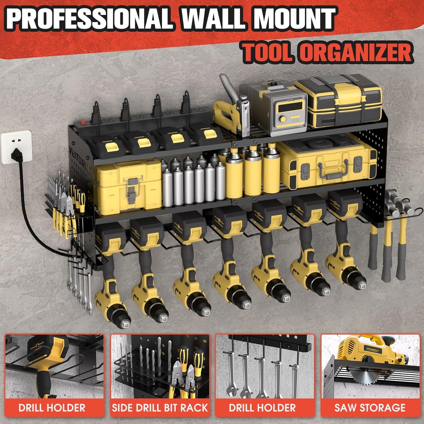 Veitorld Power Tool Organizer with Charging Station, 4 Drill Holders, Heavy Duty Modular Wall Mount Rack for Garage & Shed Organization, Tool Storage Organizer, Gifts for Men Dad Husband Christmas