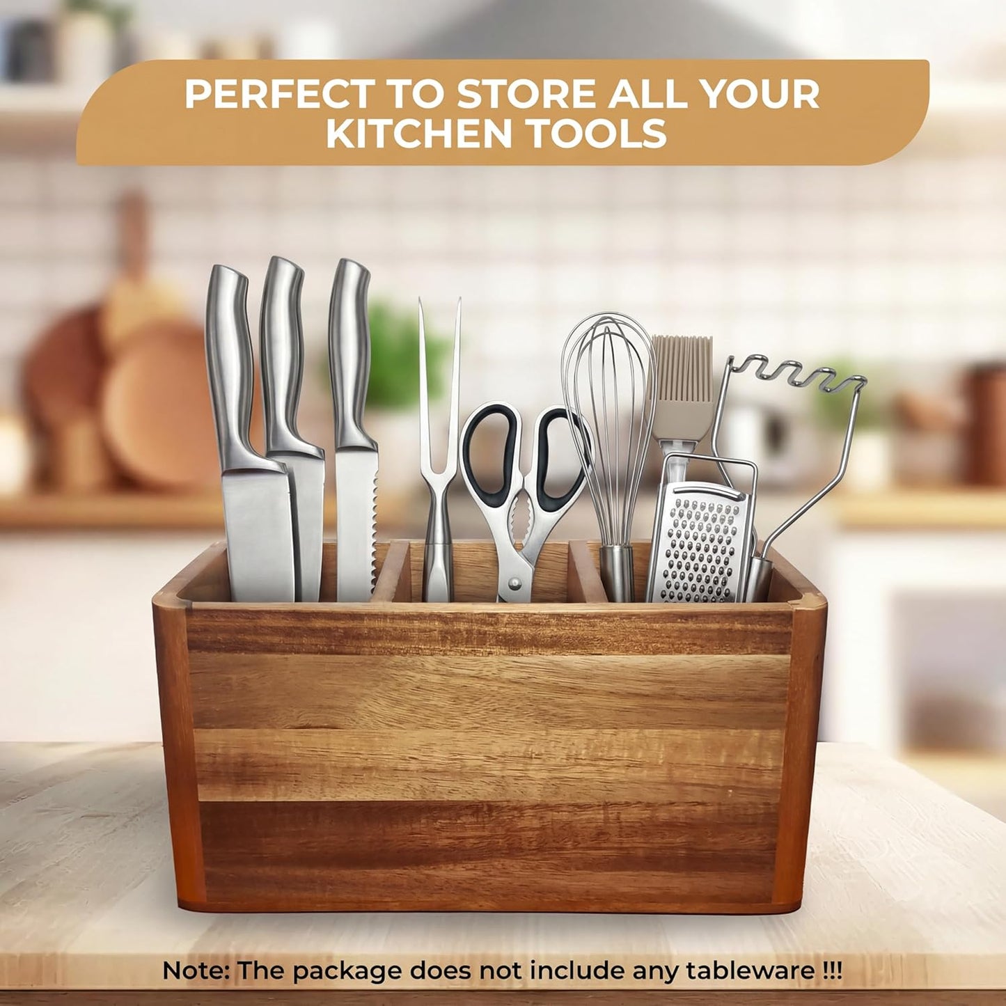 Dstuff Large Kitchen Utensil Holder Organizer for Counter or Countertop, Large Wooden Utensil Holder for Storage Cooking and Silverware with 3 Compartment, Acacia Rustic Wood Container Extra Large