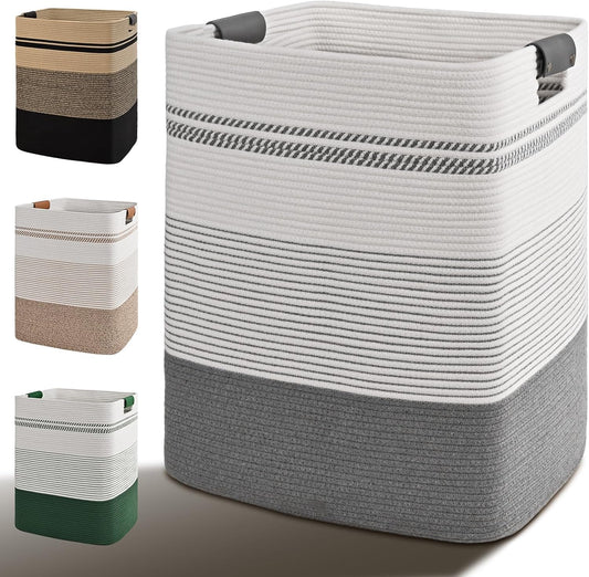 Laundry Hamper, 85L Tall Laundry Basket with Leather Handles, Rectangle Large Clothes Hamper for Organizing, Cotton Woven Laundry Baskets Storage Hampers for Bedroom, Nursery, Living Room