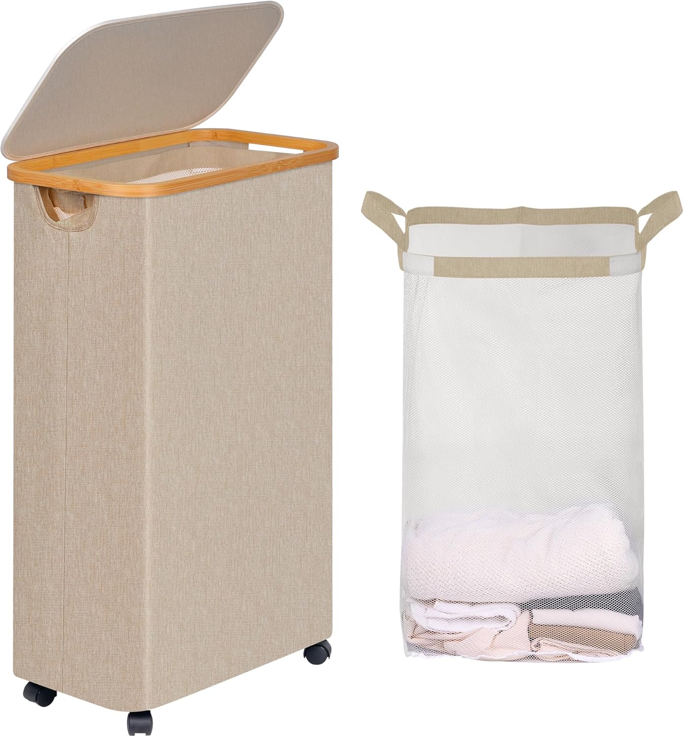 efluky Laundry Basket with Wheels, Tall Rolling Laundry Hamper with Lid and Removable Bag, Aesthetic Dirty Clothes Hamper on Wheels for Laundry Room, Bedroom, Dorm and Bathroom, 75L Oatmeal