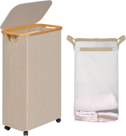 efluky Laundry Basket with Wheels, Tall Rolling Laundry Hamper with Lid and Removable Bag, Aesthetic Dirty Clothes Hamper on Wheels for Laundry Room, Bedroom, Dorm and Bathroom, 75L Oatmeal