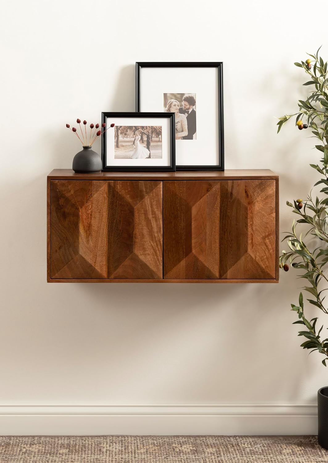 Kate and Laurel Ranier Modern Wooden Two-Door Wall Cabinet, 30 x 10 x 14, Walnut Brown, Decorative Storage Cabinet with Dimensional Face for Use as Floating Nightstand or Floating TV Shelf