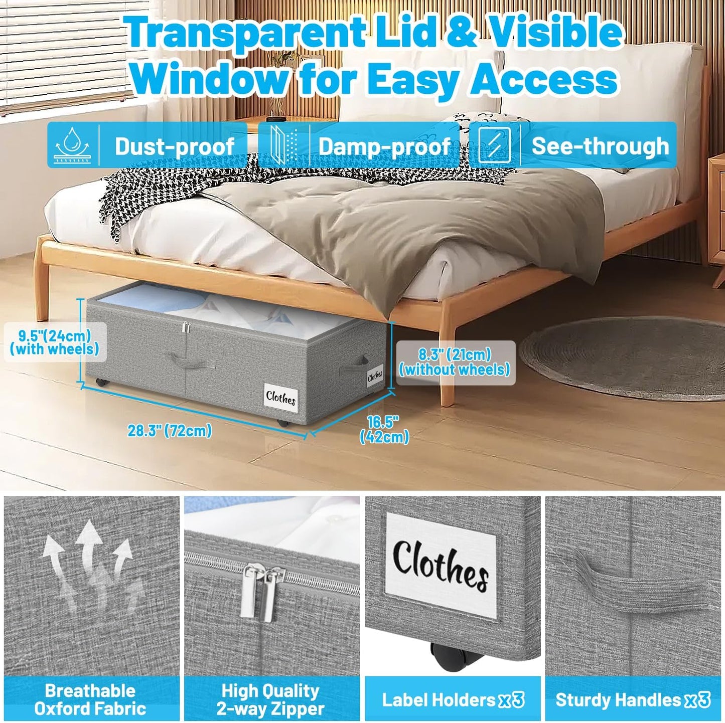 Under Bed Storage with Wheels, 2-Pack 10" Height XXL 60L Rolling Storage Bins, Quick Assembly Underbed Shoe Storage Containers with Clear Lid & Label, Dorm Under bed Drawers for Clothes, Shoes, Grey