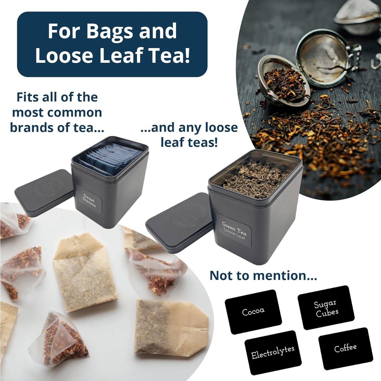 AllSpice Tea Organizer Rack with 9 Tins & 160 Magnetic Labels – Perfect for Bagged & Loose Leaf Tea Organization - Bamboo