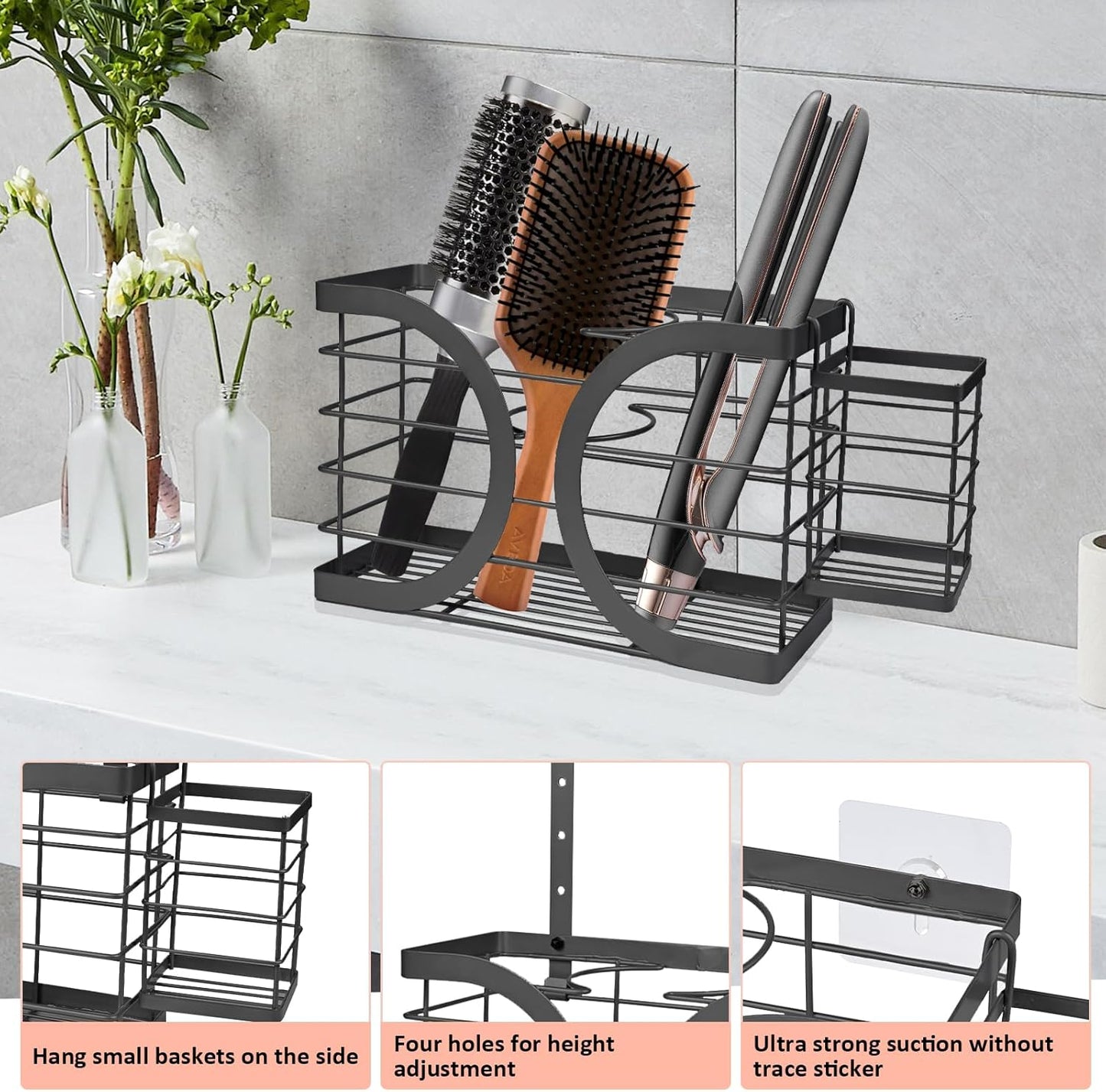 Elegant Black Wall Mounted Hair Dryer Holder - Stylish Bathroom Organiser for Hair Dryer & Straightener, Hair Brush & Accessories