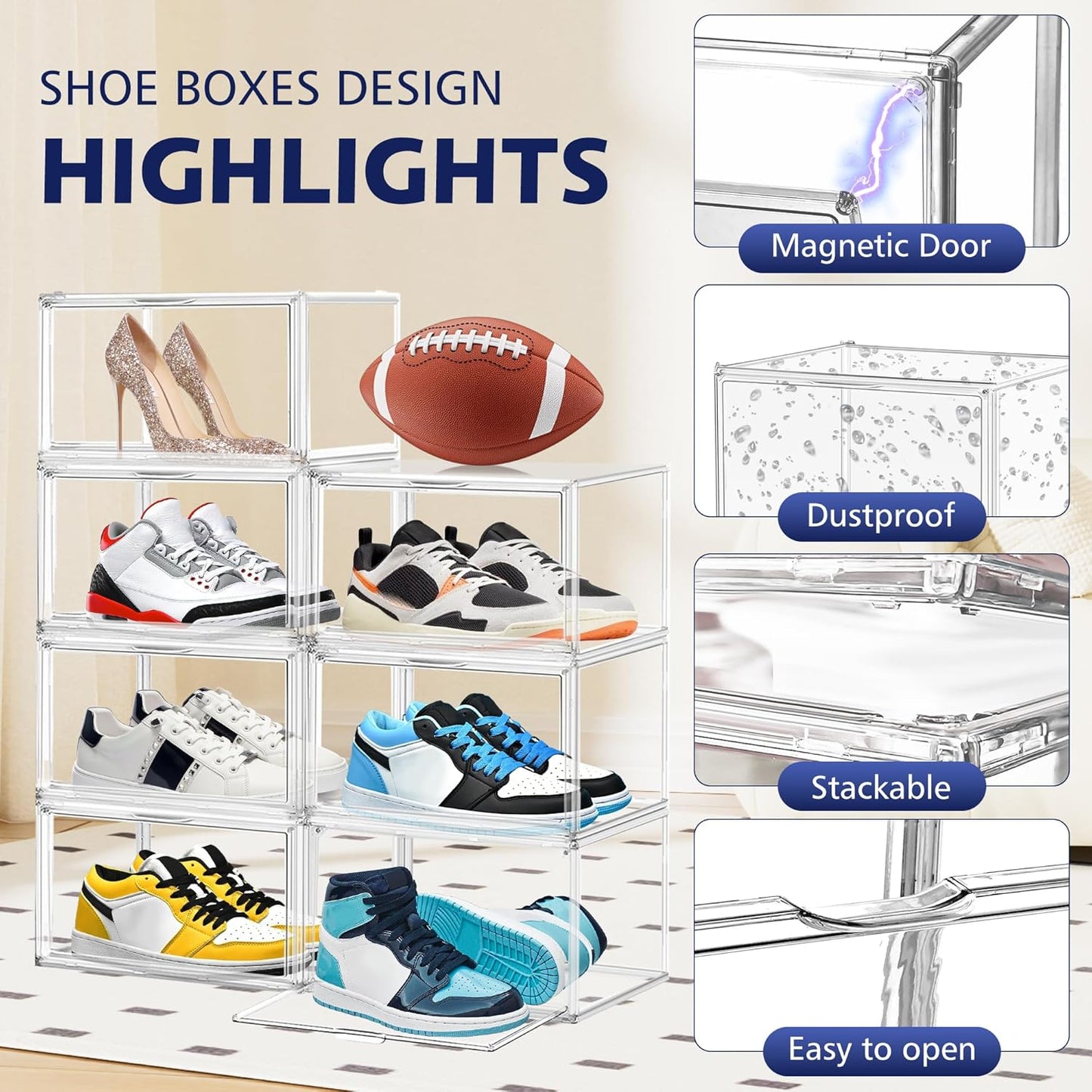 12 Pack Acrylic Shoe Boxes, Size 12 Clear Plastic Stackable Shoe Storage Boxes with Magnetic Lid Acrylic Display Case Sneaker Containers Underbed Closet Make-Up Storage Box