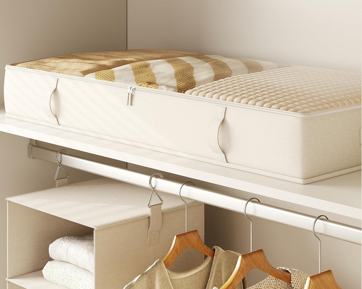 Vailando Storage Containers, 6 Inches Tall 60L Underbed Storage Bins with Sturdy Handles and Sidewalls, Closet Organizer for Clothes, Blankets, Seasonal Items, Beige, 2-Pack