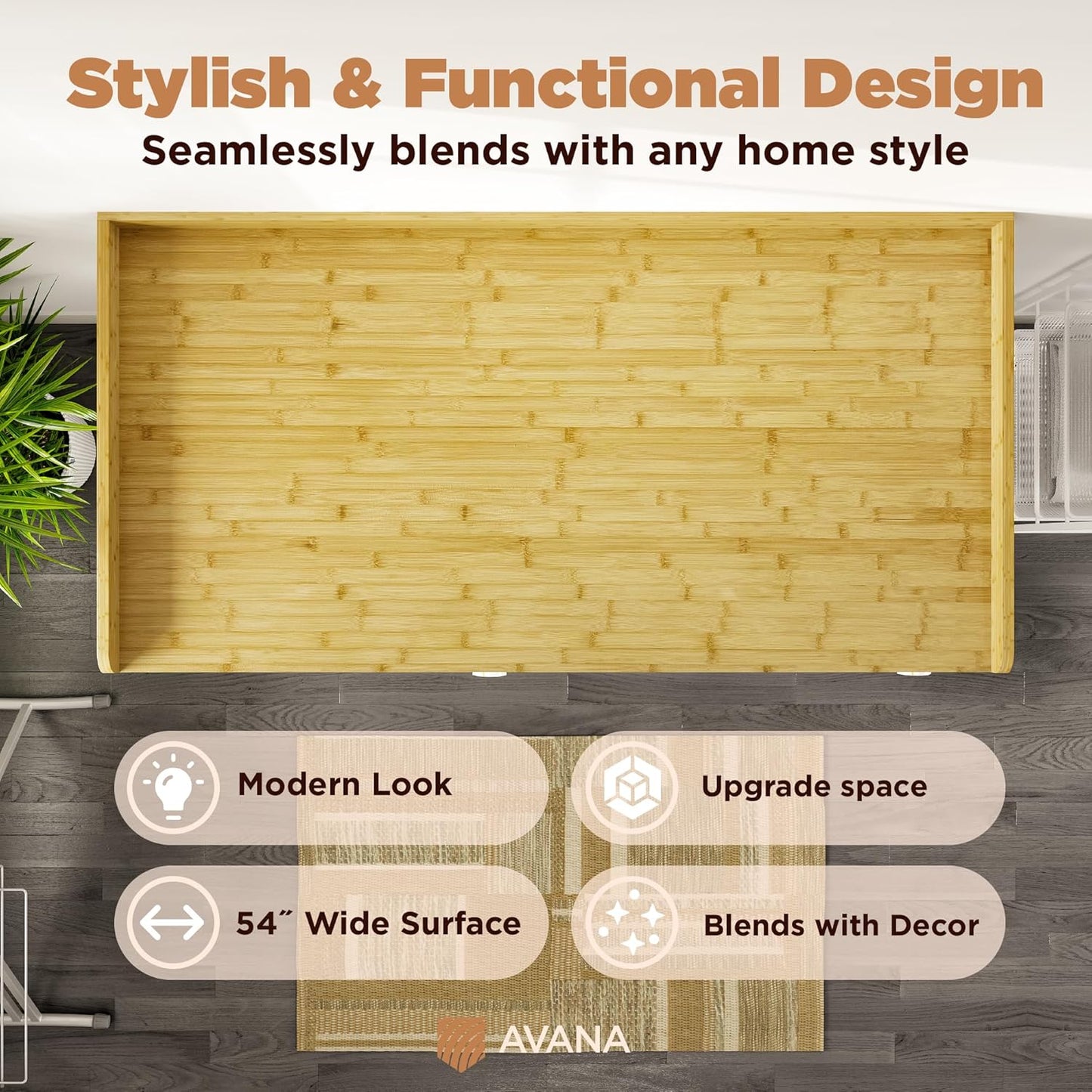 Avana (100% Natural Solid Wood Washer Dryer Countertop – Bamboo Pine Laundry Countertop with Raised Edges, 54” x 27.5” Counter Top for Washer and Dryer, Laundry Room Organizer & Tabletop