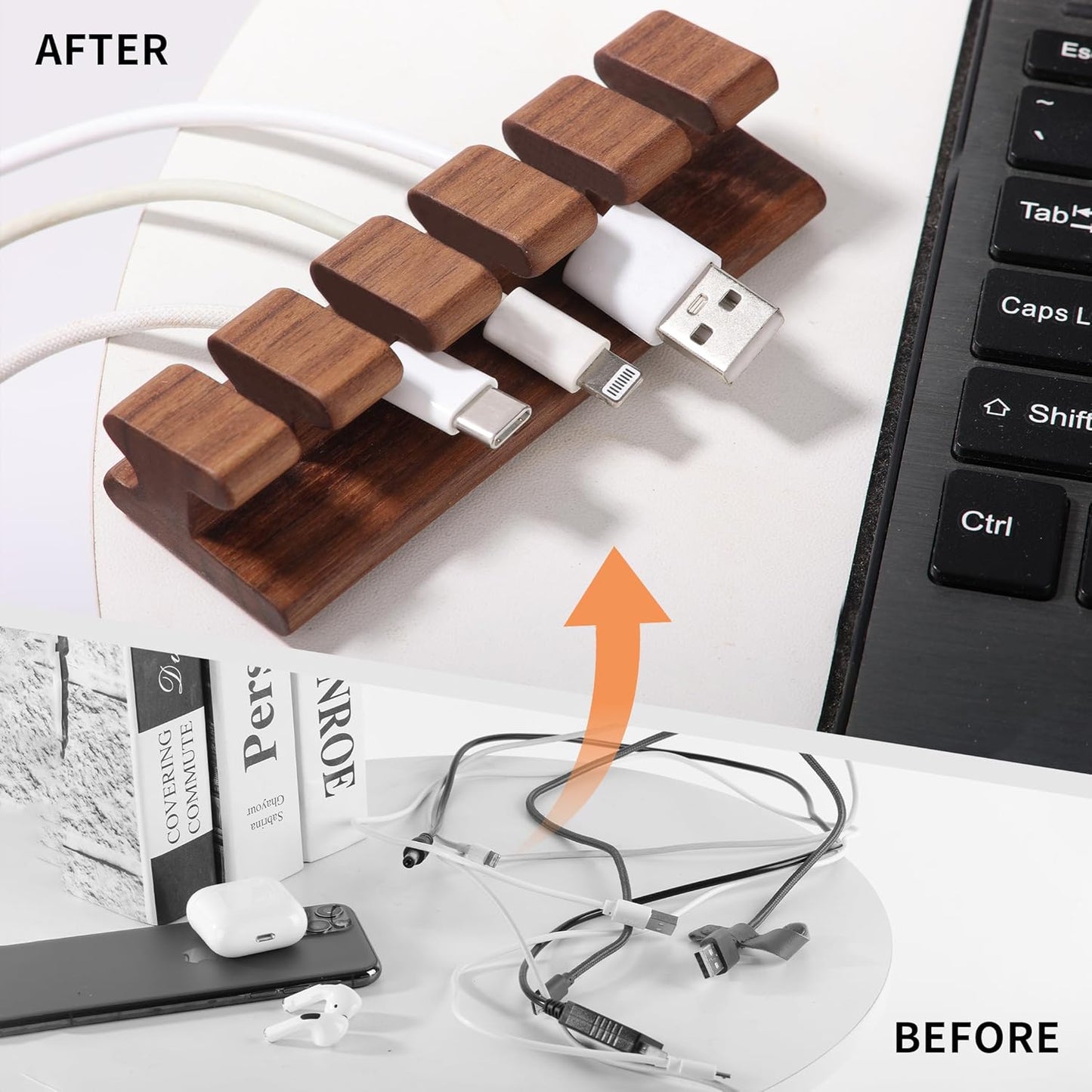 Walnut Wood Cord Holder – 5 Slots Cable Organizer with Adhesive Tape, Desk Wire Management for USB, Charging, HDMI, and Type-C Cables (5 Slot)
