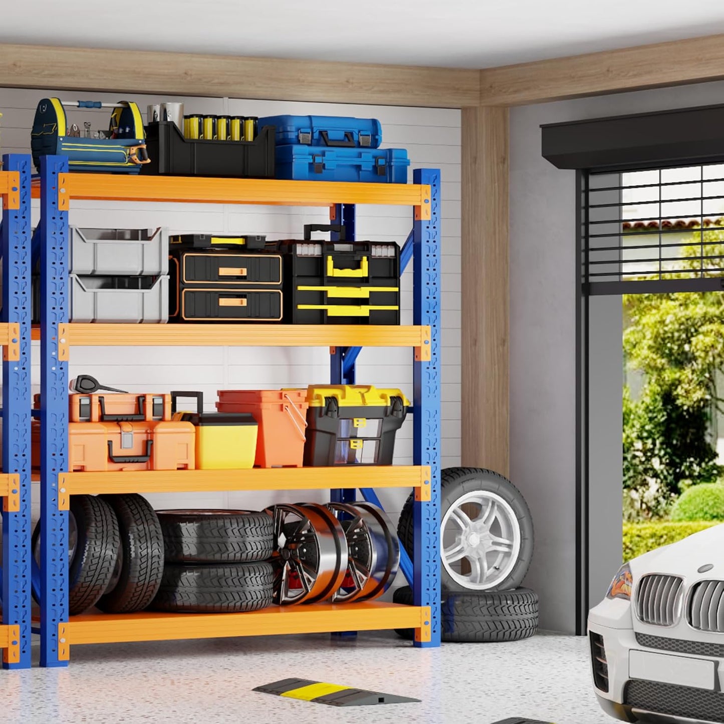 5000LBS Heavy Duty Garage Shelving 59" W Garage Storage Shelves 4-Tier Metal Adjustable Shelf Unit Storage Rack for Basement Supermarket Warehouse 59" W x 24" D x 78" H Blue-Orange